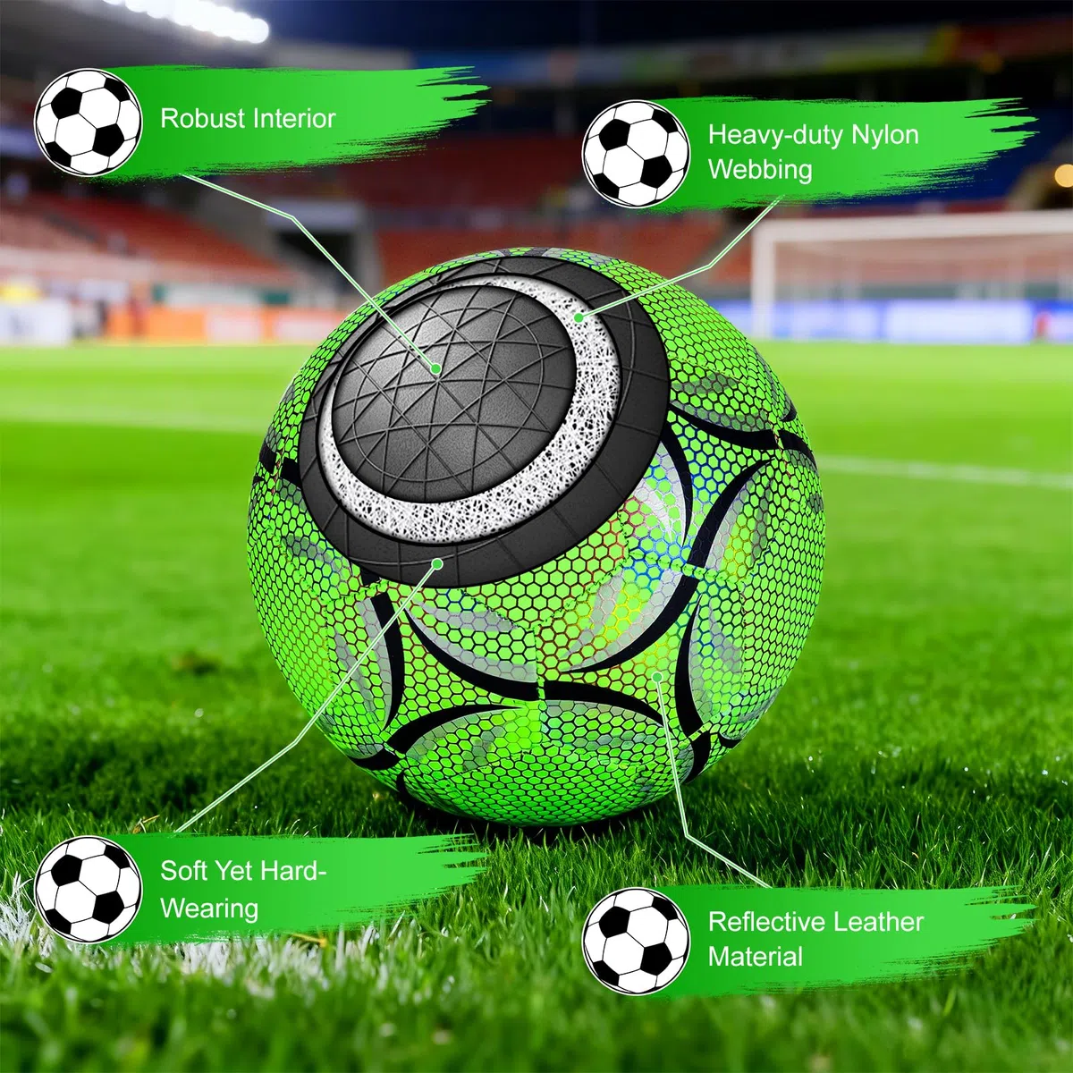 Ballon de Football en Fluorescence, Taille 5 Ballon de Football Lumineux avec Pompe et Sac de Rangement, Enfants et Jeunes et Adulte Ballon de Match de Football