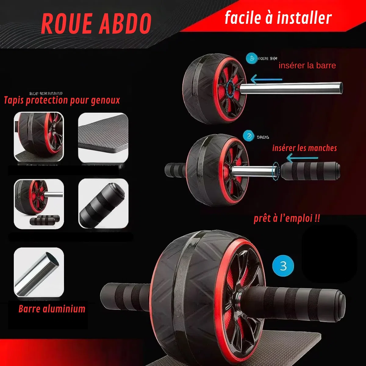 Kit Fitness Xtrem Force Avec Roue Abdo Tapis Pour Genoux, Bande Elastiques, Poignée Push Up Pour Les Pompes, Appareil fitness musculation pour Abdo Exercices a La Maison Pour Homme Et Femme