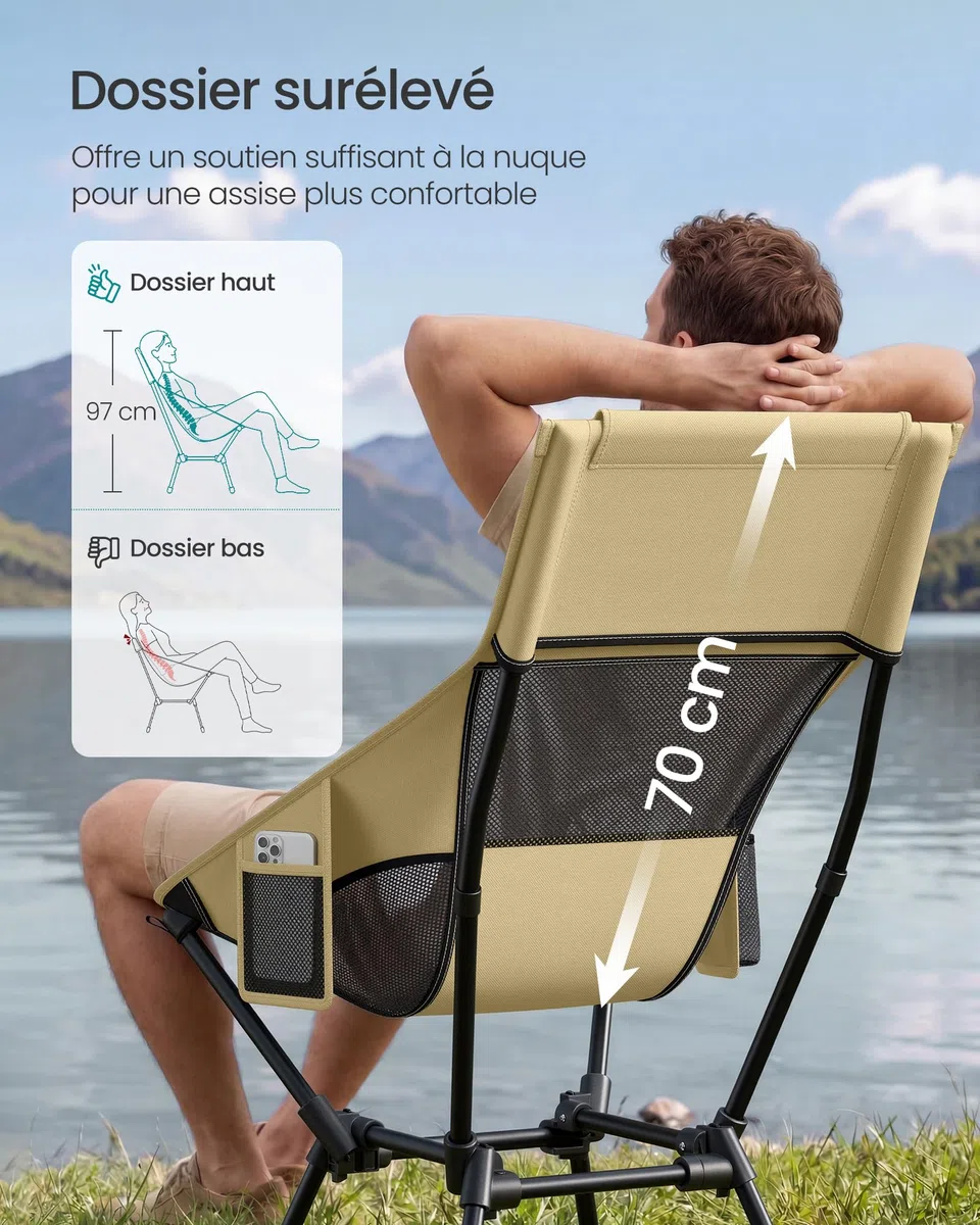 SONGMICS Chaise de Camping Dossier Haut, Chaise de Plage Pliante Hauteur Réglable, Structure en Acier, Supporte 150 kg, 2 Poches de Rangement, Appuie-Tête, pour Voyages, Marron GCB051KZ01