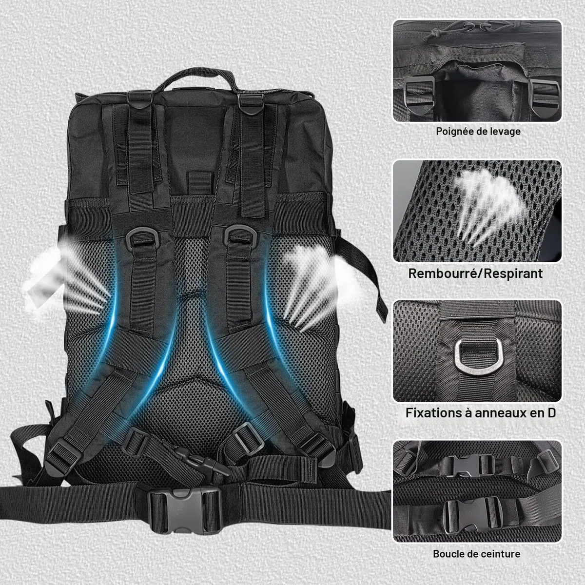 HEMSO Grand Sac à Dos Militaire 45L,Sac de Voyage Système MOLLE,Sac Crossfit de Sport pour Randonnée Trekking Moto Camping Voyage Pêche Alpinisme École (Noir)