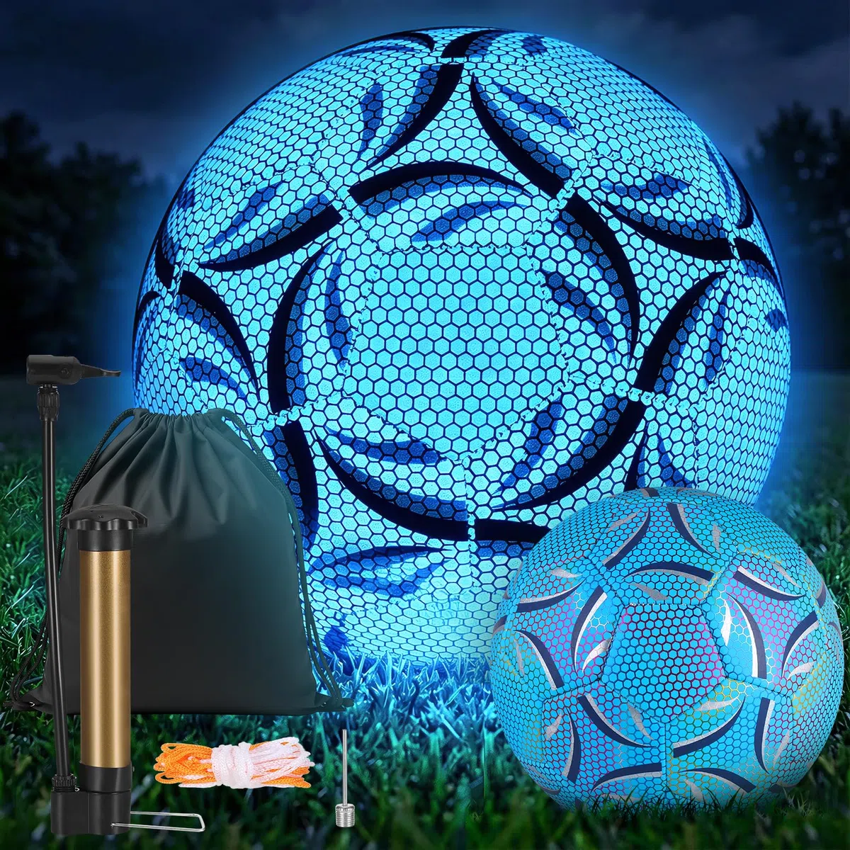 Ballon de Football en Fluorescence, Taille 5 Ballon de Football Lumineux avec Pompe et Sac de Rangement pour Jeux Nocturnes Entraînement, Jeunes et Adulte Ballon de Match de Football(Bleu)