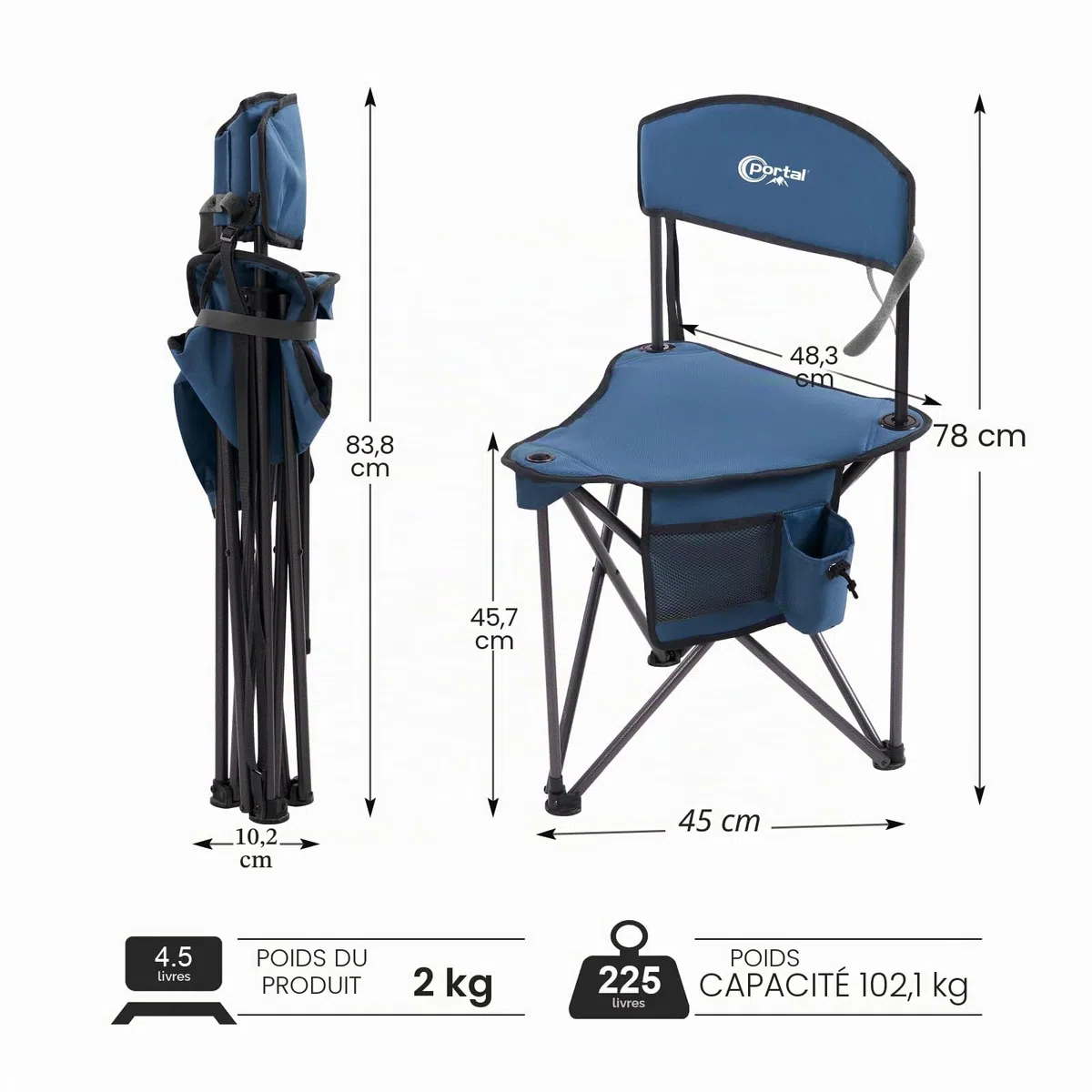 Portal Tabouret de camping pliable avec dossier - Tabouret à trois pieds - Extra large - Ultra léger - Chaise de pêche portable - 78 cm de haut - Repose-pieds - Charge maximale : 100 kg - Avec poche