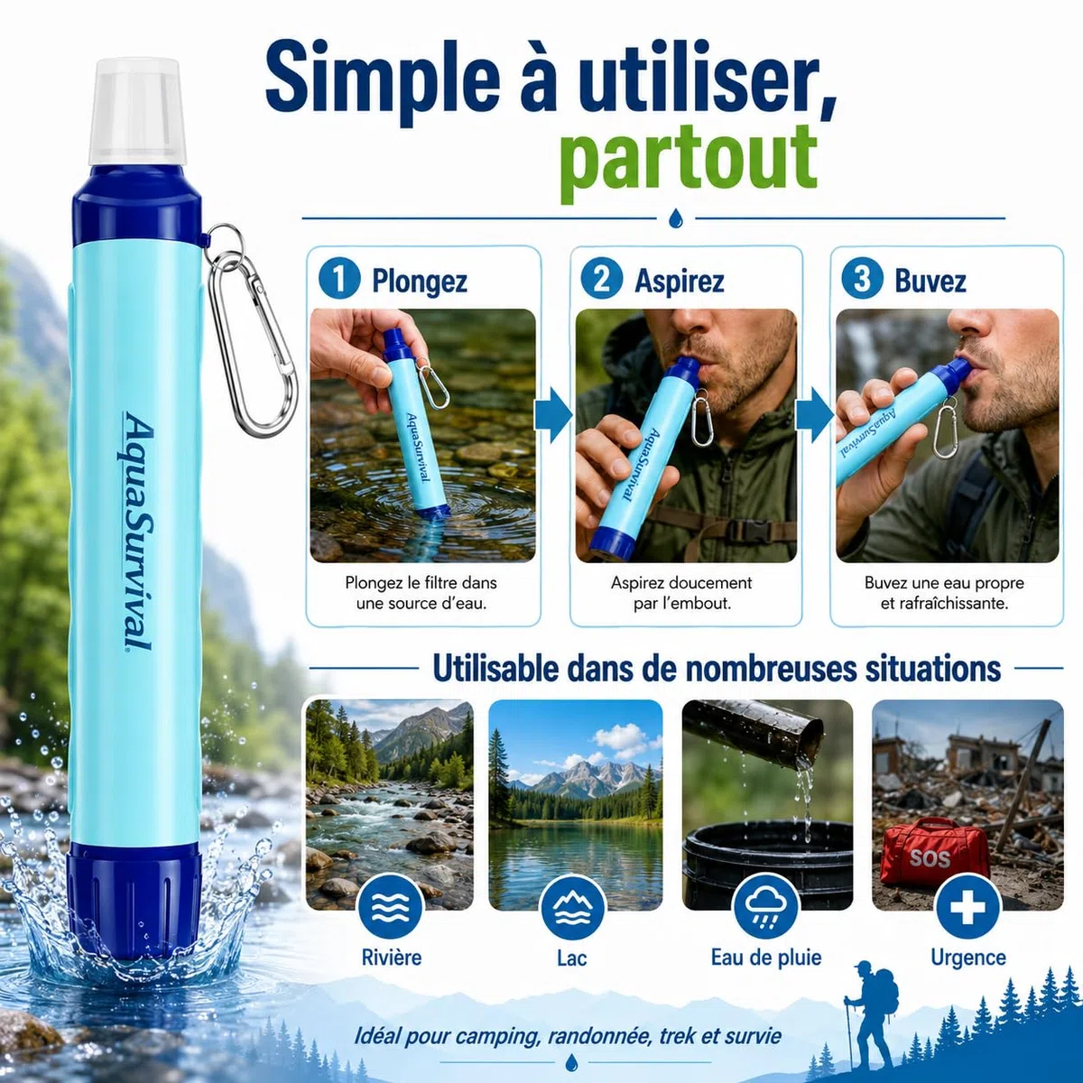 AquaSurvival - Lot de 4 Paille Filtrante Survie, Filtre Eau Portable 0,1 Micron Élimine 99,99% Bactéries, Purificateur d'Eau Randonnée Camping, Filtre a Eau Gourde Filtrante Eau Non Potable Sans BPA