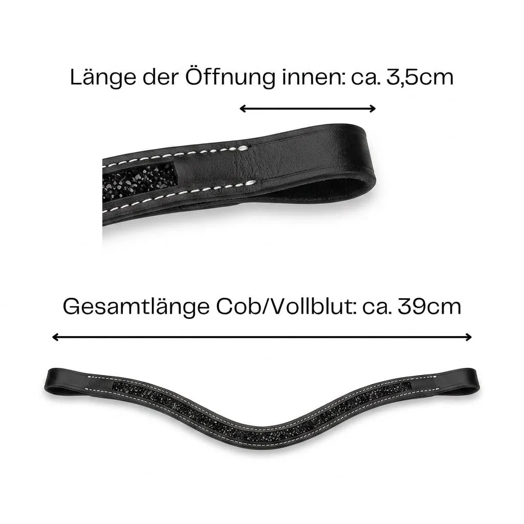 Pferdelinis Bandeau incurvé avec cristaux étincelants aspect argent – assure une apparence élégante et glamour pendant l'entraînement et le tournoi (noir et noir, poney)