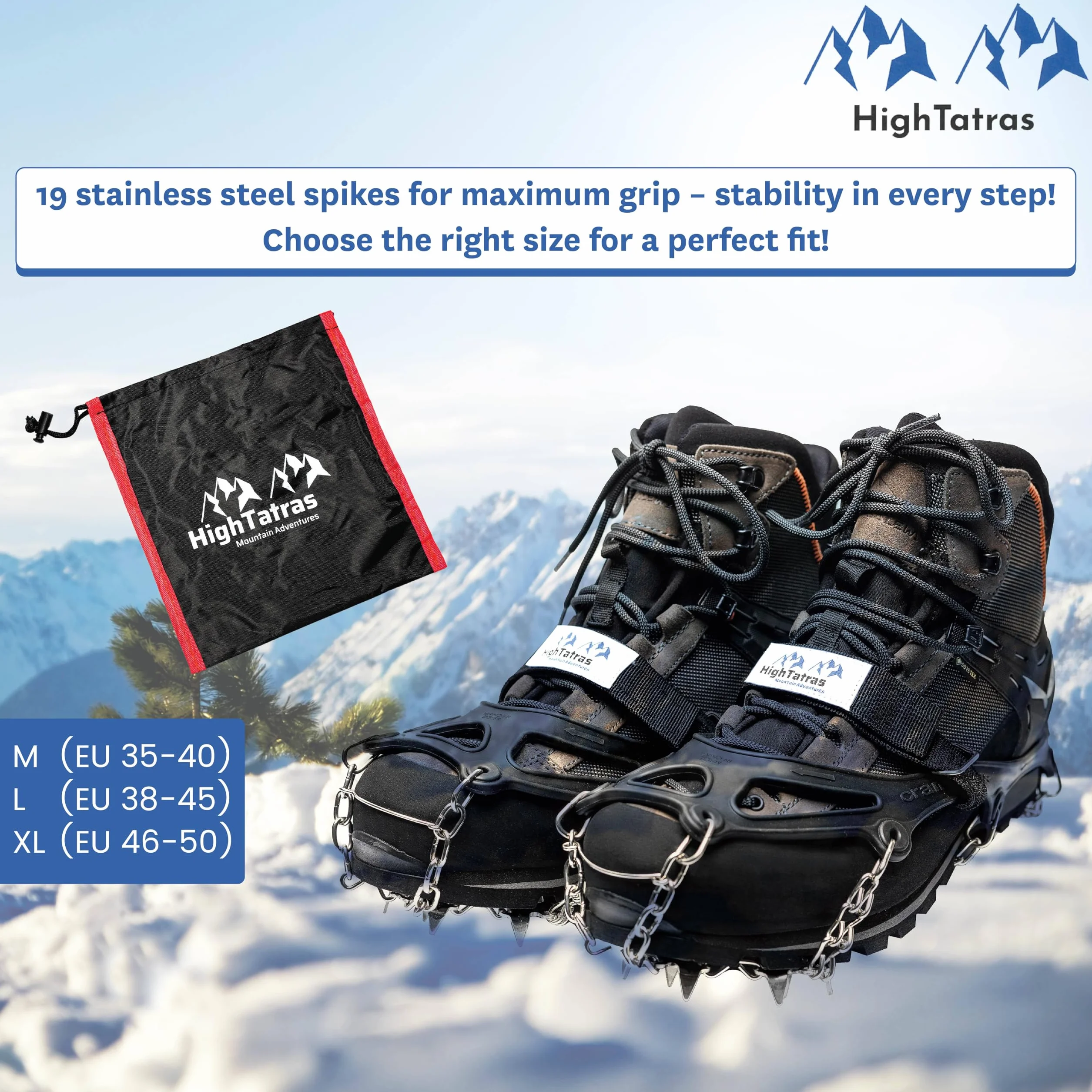 HighTatras Crampons Antidérapants 8 ou 18 Pointes Acier Inoxydable – Tailles M, L, XL – pour Chaussures – Glace, Neige, Marche, Randonnée, Trail, Sécurité Hiver