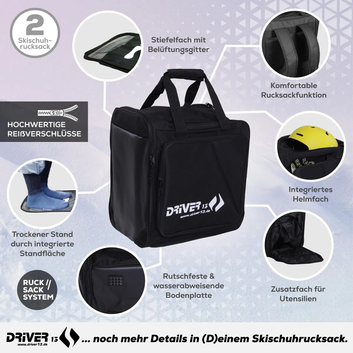 Driver13 Set Ski 2 pièces, Housse à Skis 140–210 cm et Sac à Dos Chaussures de Ski avec Compartiment Casque, système de Portage, Noir