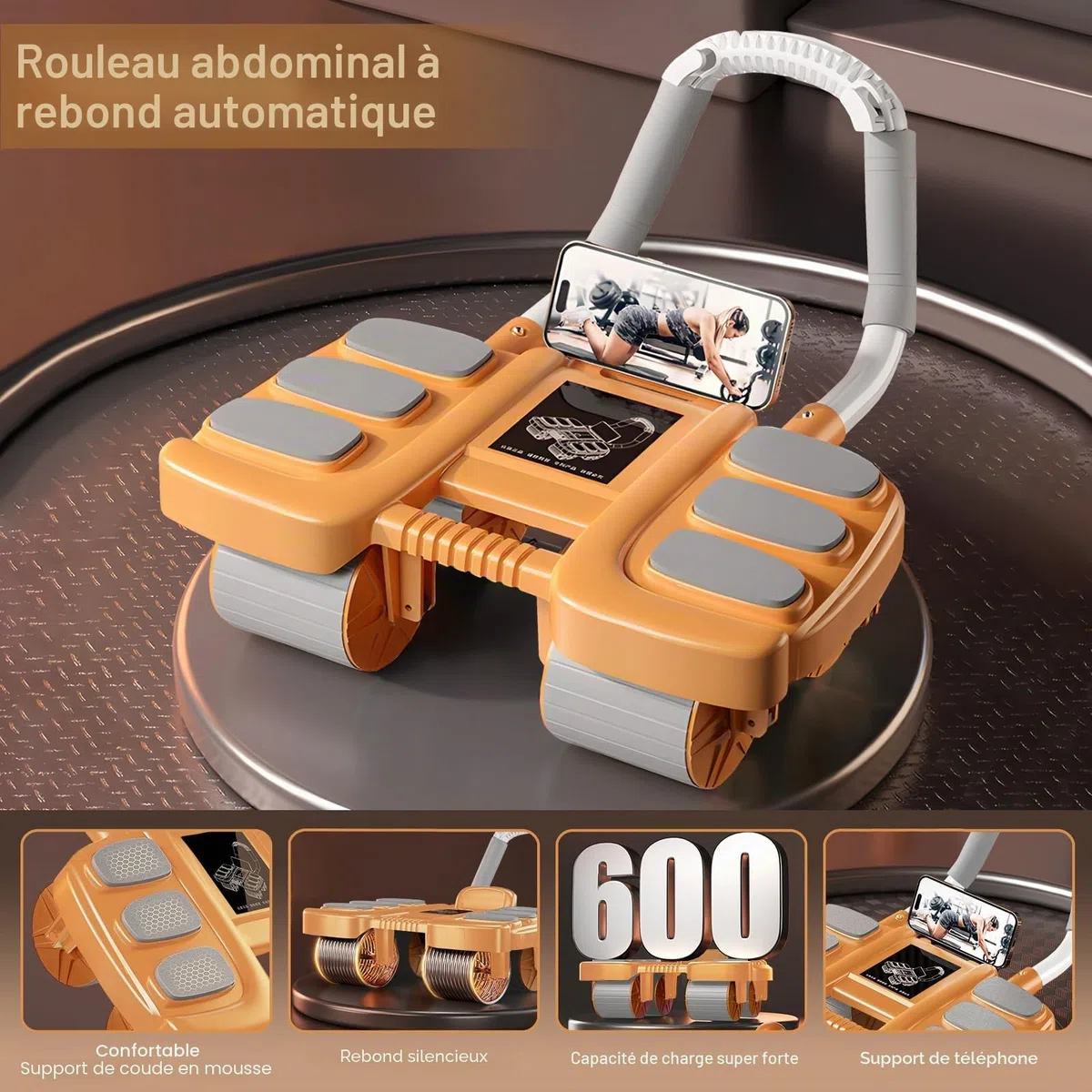 Roue Abdominale,automatique roue abdominale avec support coude Appareil d'entraînement abdominal à rebond automatique,4 roulettes,musculation,Avec support pour téléphone portable