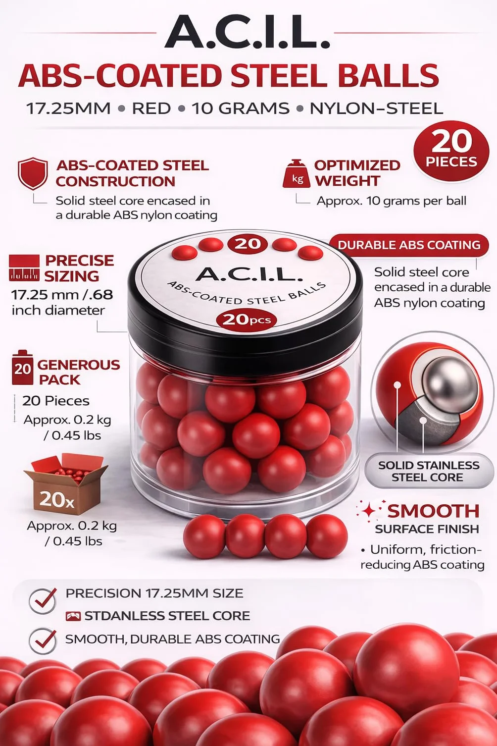 Projectiles en Acier revêtus ABS – Calibre .68 – Lot de 20 Billes Techniques réutilisables