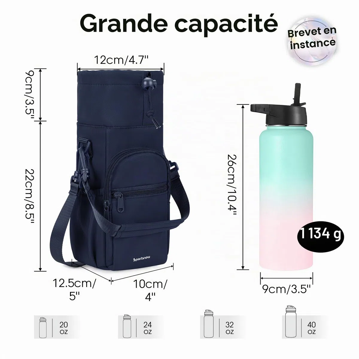 Sportsnew Porte-bouteille d'eau Isotherme 1L Avec Bandoulière et Poche Pour Téléphone - Pour la Marche et la Randonnée, Bleu Marine Pur