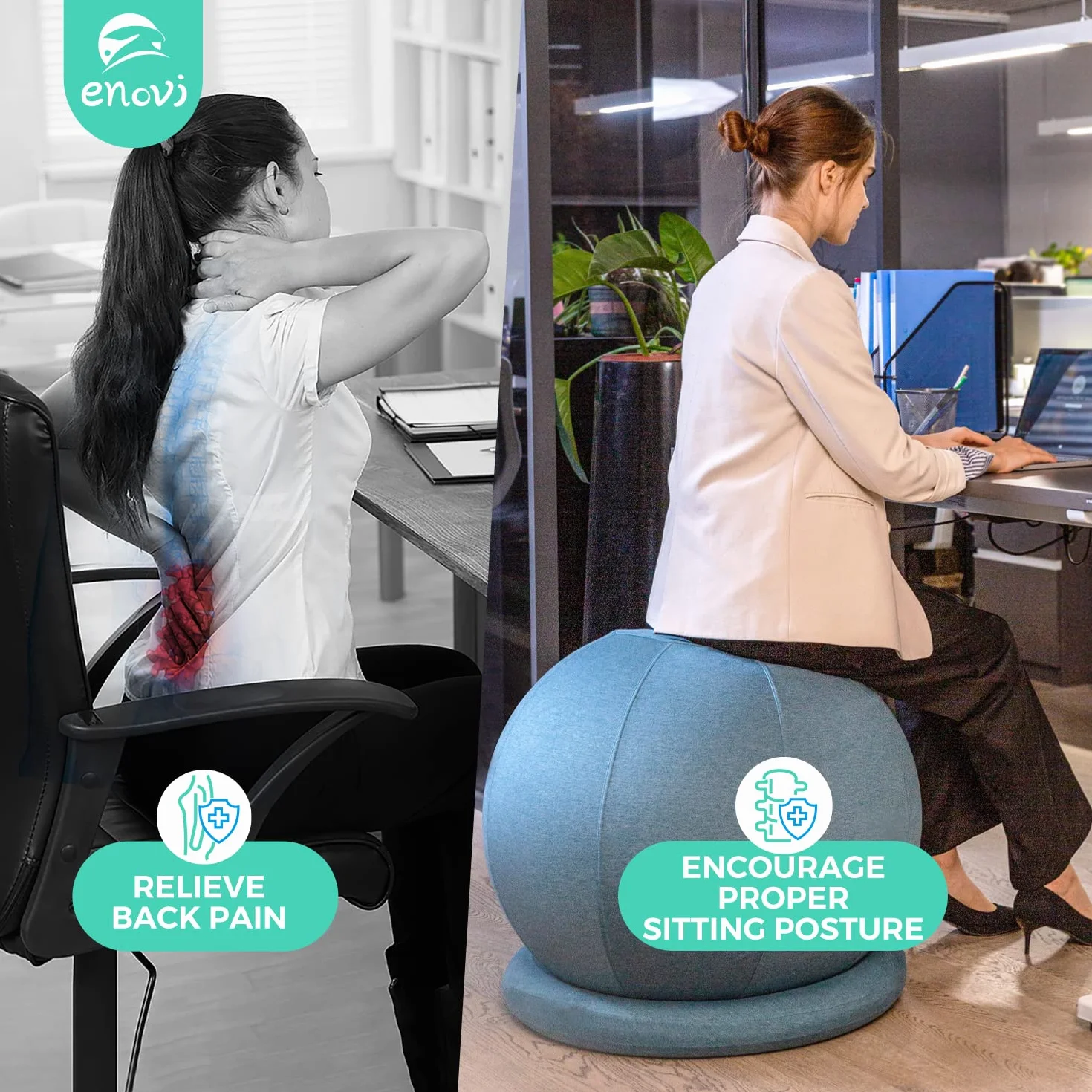 Chaise Ballon - Ballon Fitness Avec Housse Confortable,Base De stabilité Et Pompe Pour Le Bureau Et La Maison,La Force De Base Et La Posture,Soulager Les Maux De Dos,65 cm,WF