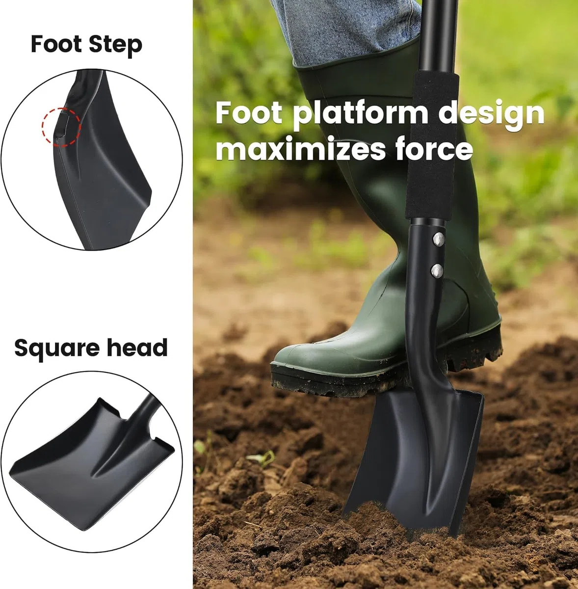 Pelles de Jardin, 78cm Bêche pour Creuser en Acier avec Poignée en D, Pelles pour Creuser en Sols Durs et Caillouteux pour Camping Car Gardening/Noir Mat