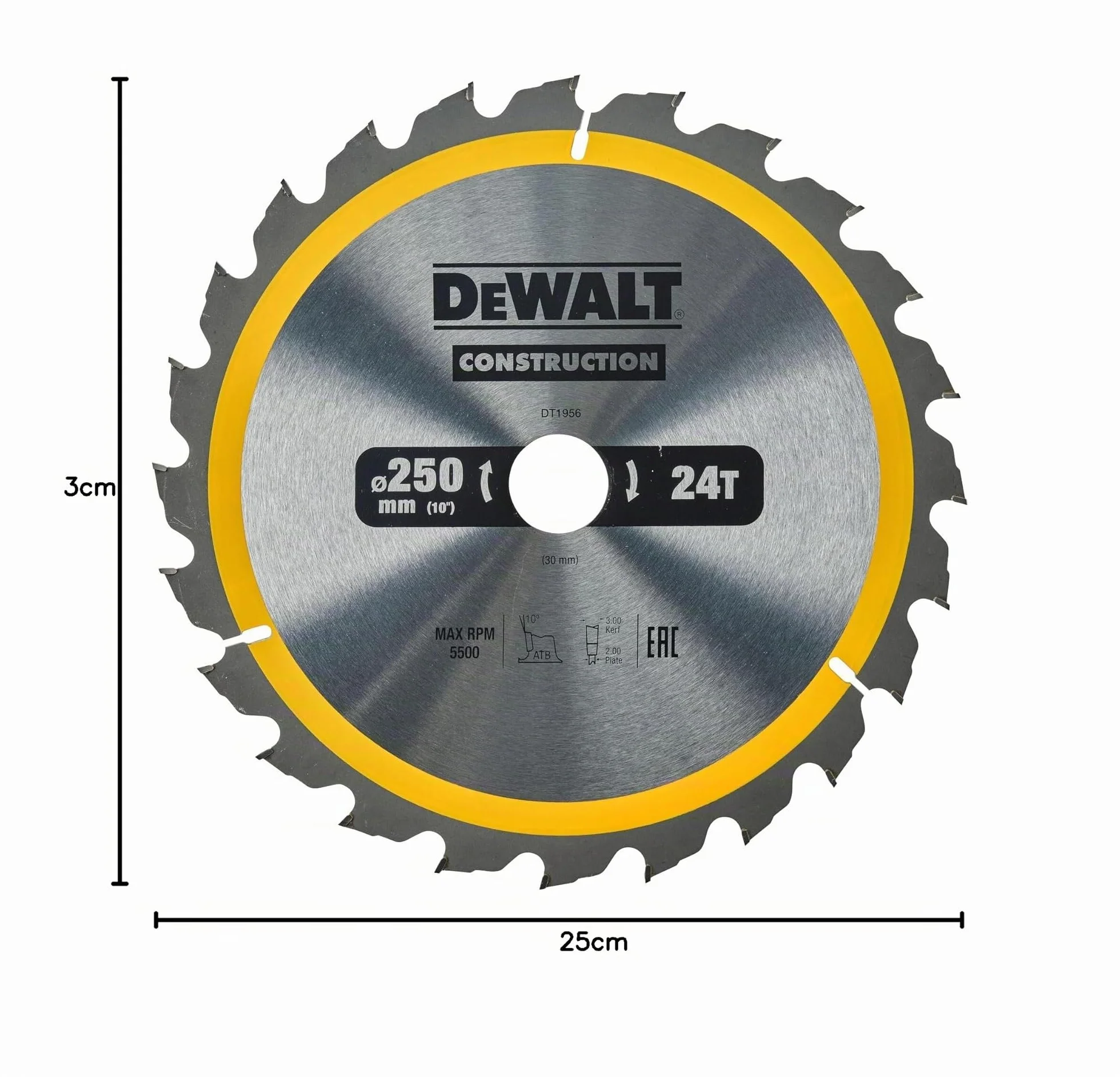 DEWALT Lame de Scie Circulaire Stationnaire - Disque Tranchant 24 Dents 250x30mm - Outillage Résistant aux Clous et Durable - Spécial Construction et Utilisation Professionnelle, DT1956-QZ