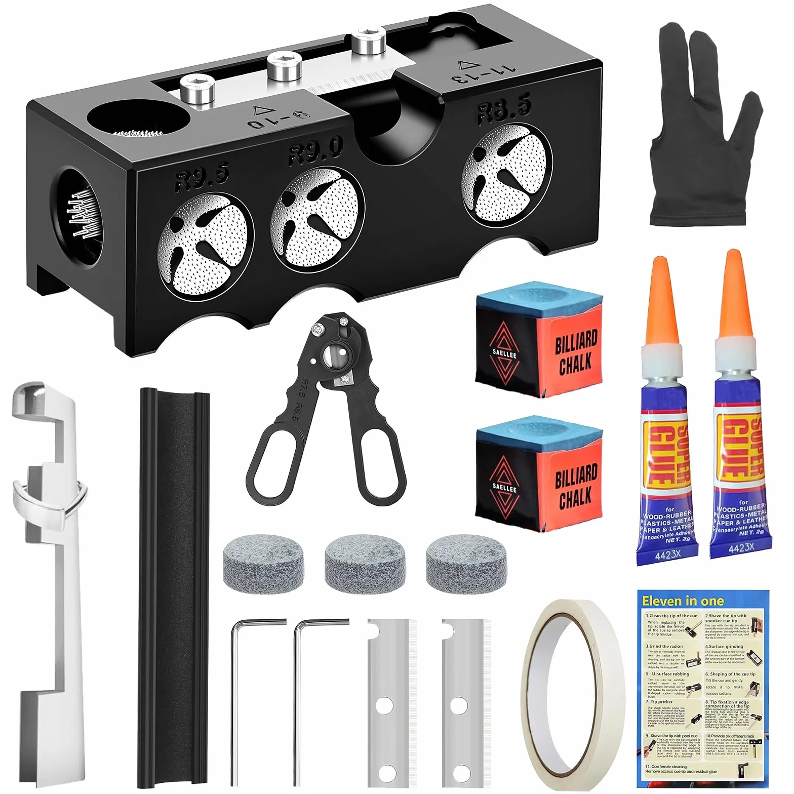 Kit de Réparation de Pointes de Queue de Billard 11 en 1, Kit de Remplacement de Pointes de Billard, Accessoires de Queue de Billard Noir