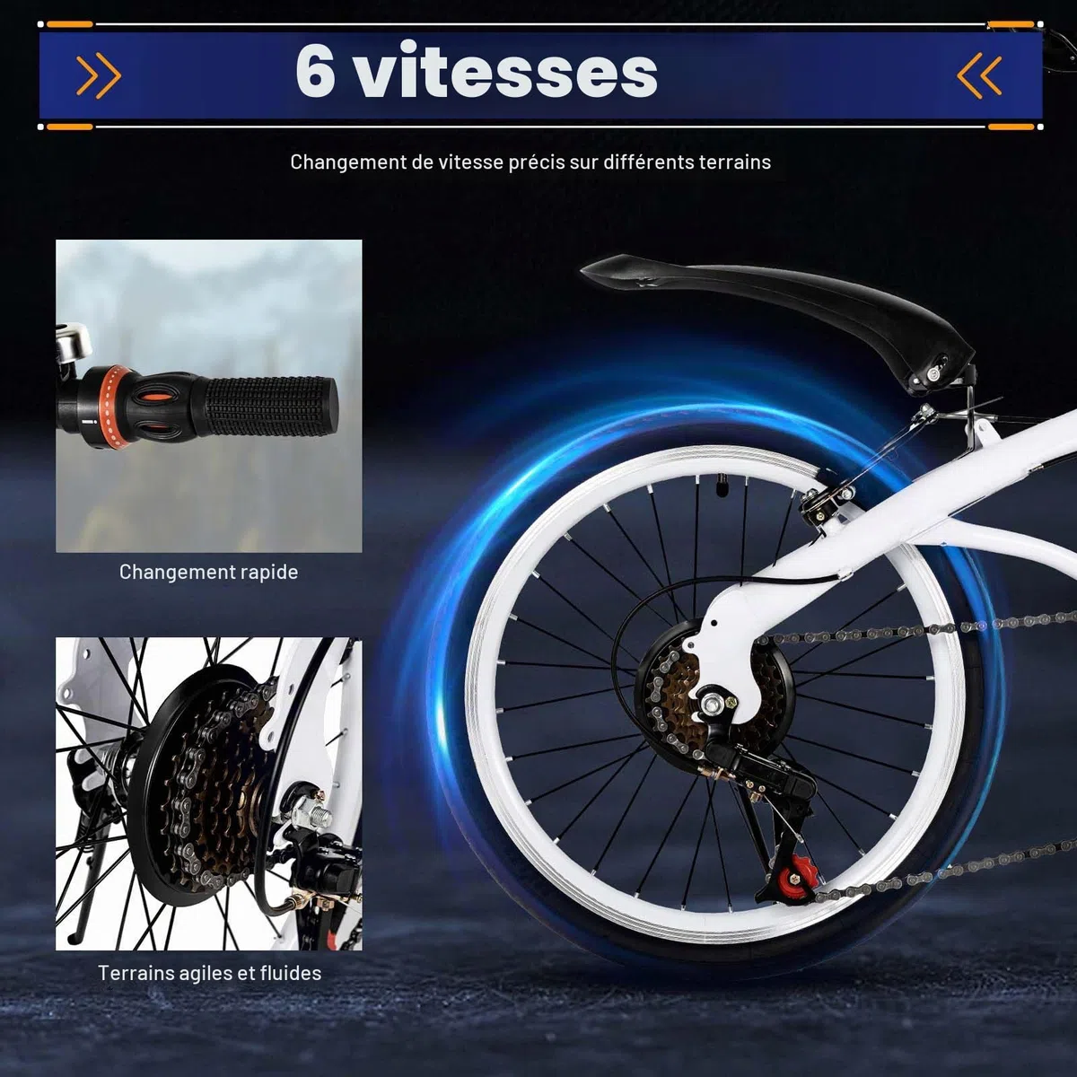 Vélo pliant 20 pouces pour adulte - 6 vitesses - Blanc - 75-93 cm - Siège réglable en hauteur - Pliable - Pour femmes, adolescents, camping