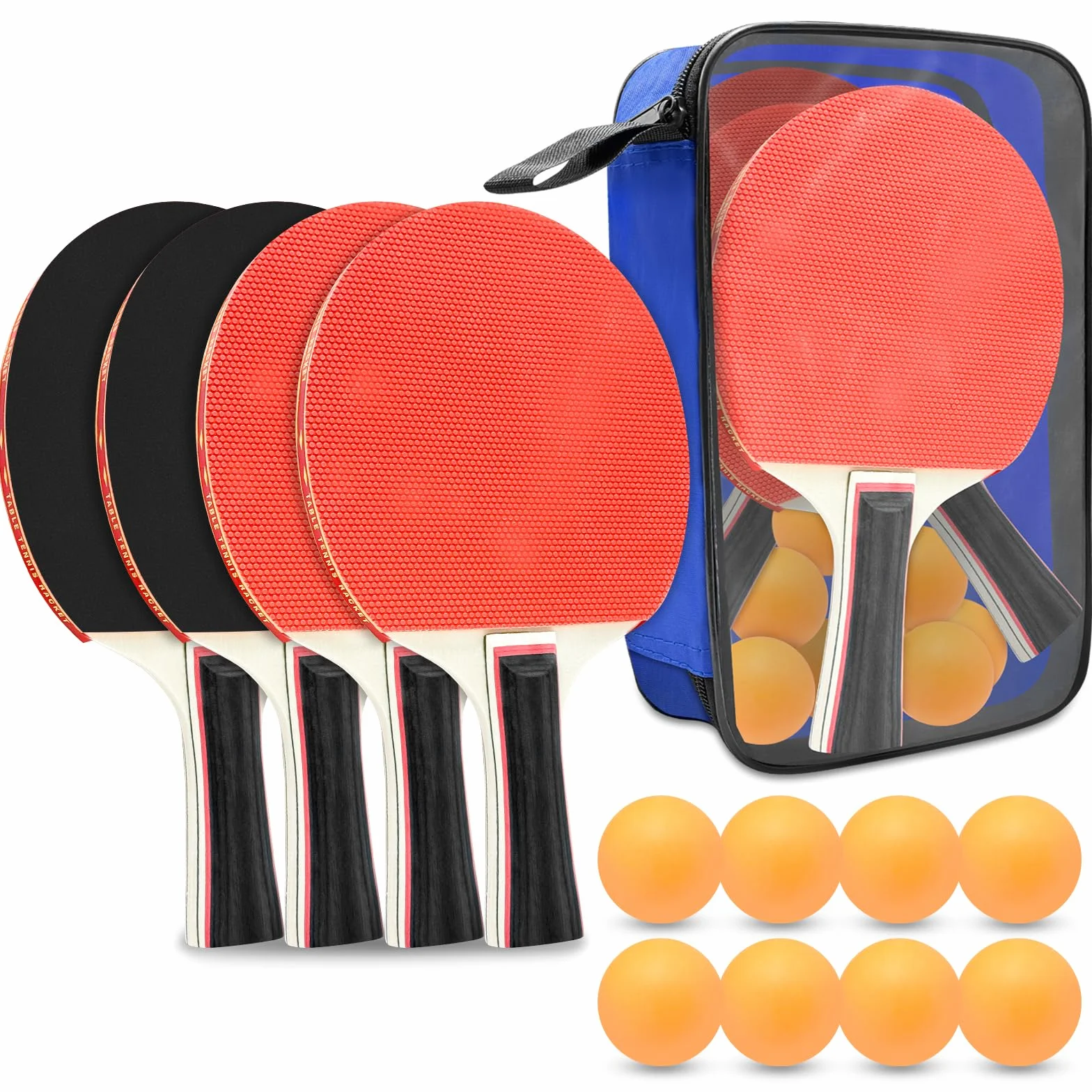 Xpieoyrm Ensemble Pong de Table Portable, Set de 2 Raquettes de Ping-Pong, 4 Raquette de Tennis de Table, 8 Balles et Sac de Transport, Ping Pong Kit pour Adultes Enfants, pour Loisir,Entraînement