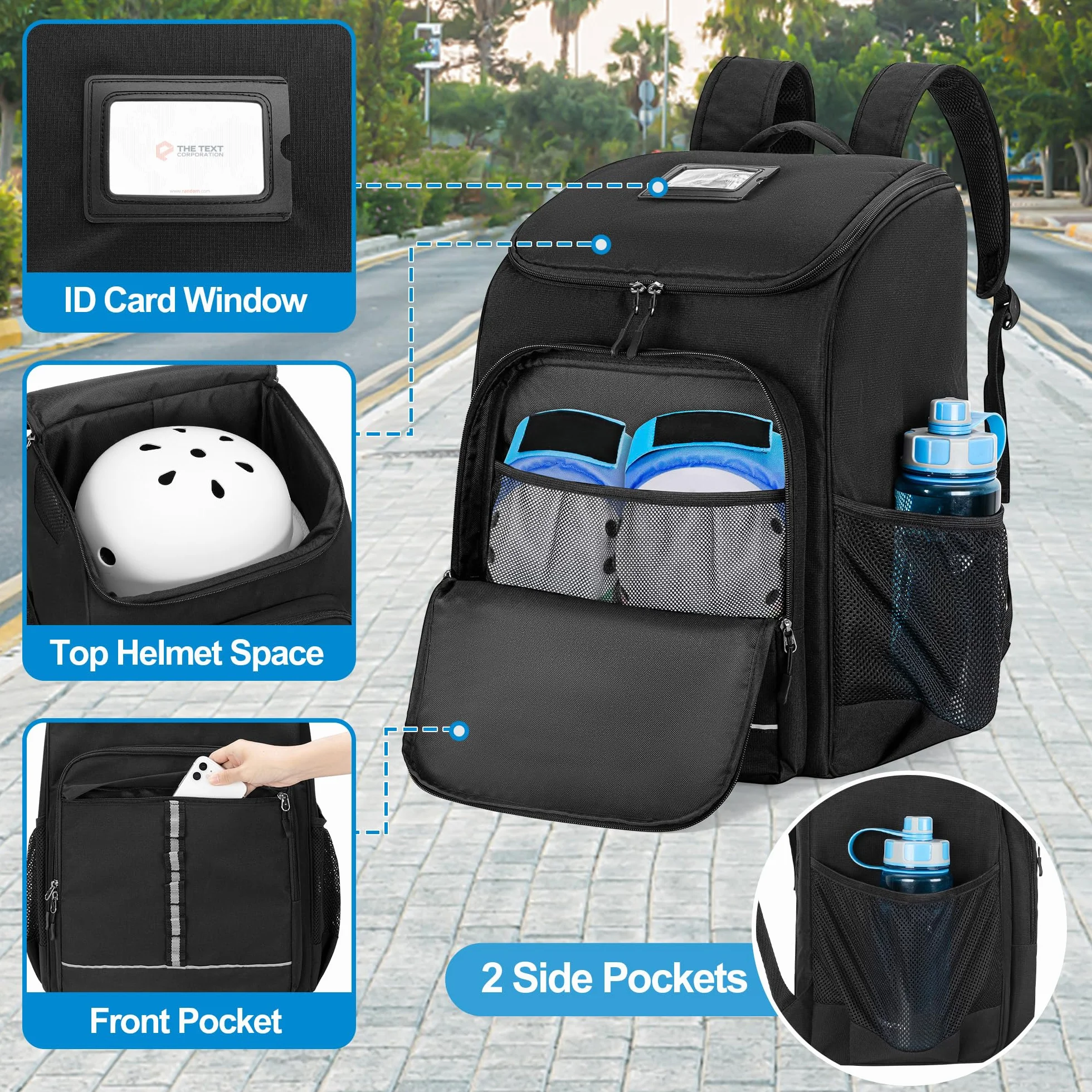 GOBUROS Sac de Patinage à roulettes pour Patins à Glace, Sac à roulettes avec Poche Supérieure pour Casque, Sac à Dos avec Bandoulière Rembourrée Réglable pour Équipement de Patins-Version Améliorée