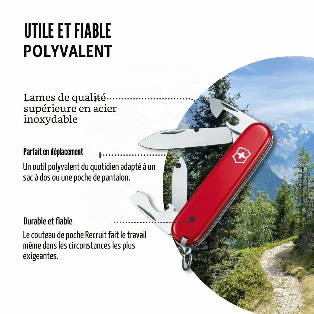 Victorinox, Recruit, Couteau de Poche Suisse, Multifonction, Léger, 10 Fonctions, Grande lame, Ouvre-boîtes, Tournevis 3 mm