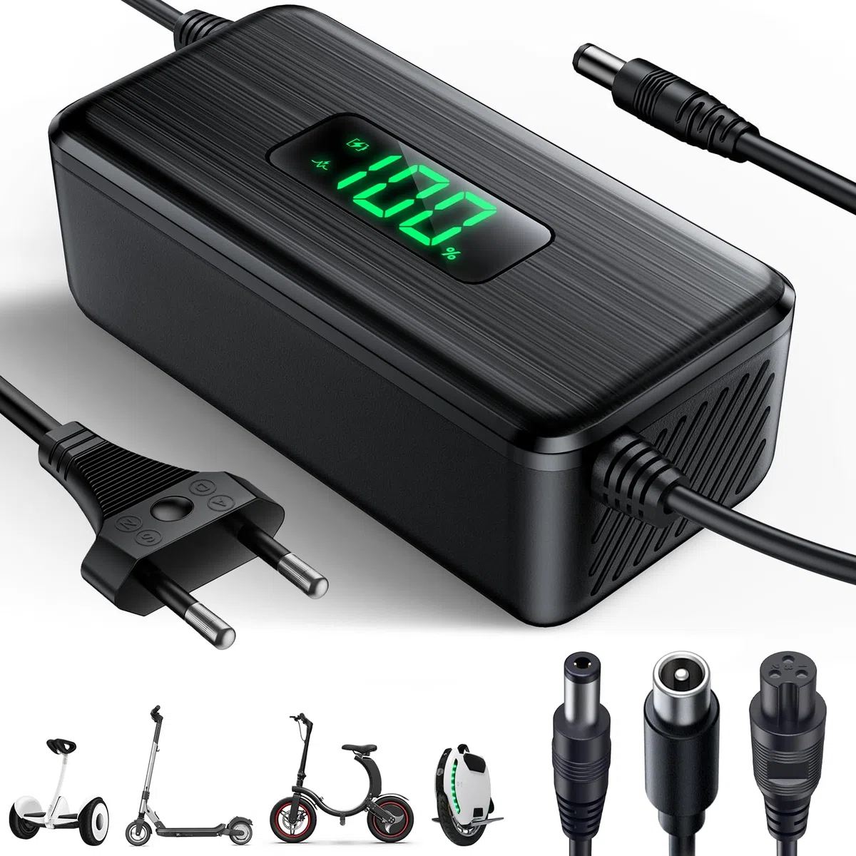 42V 2A Chargeur Trotinette Electrique avec Écran LED de Charge(%), Chargeur Hoverboard avec 4 Connecteurs, Chargeur Universel pour Toutes Les Batteries Lithium de 36V, avec Ninebot, Xiaomi