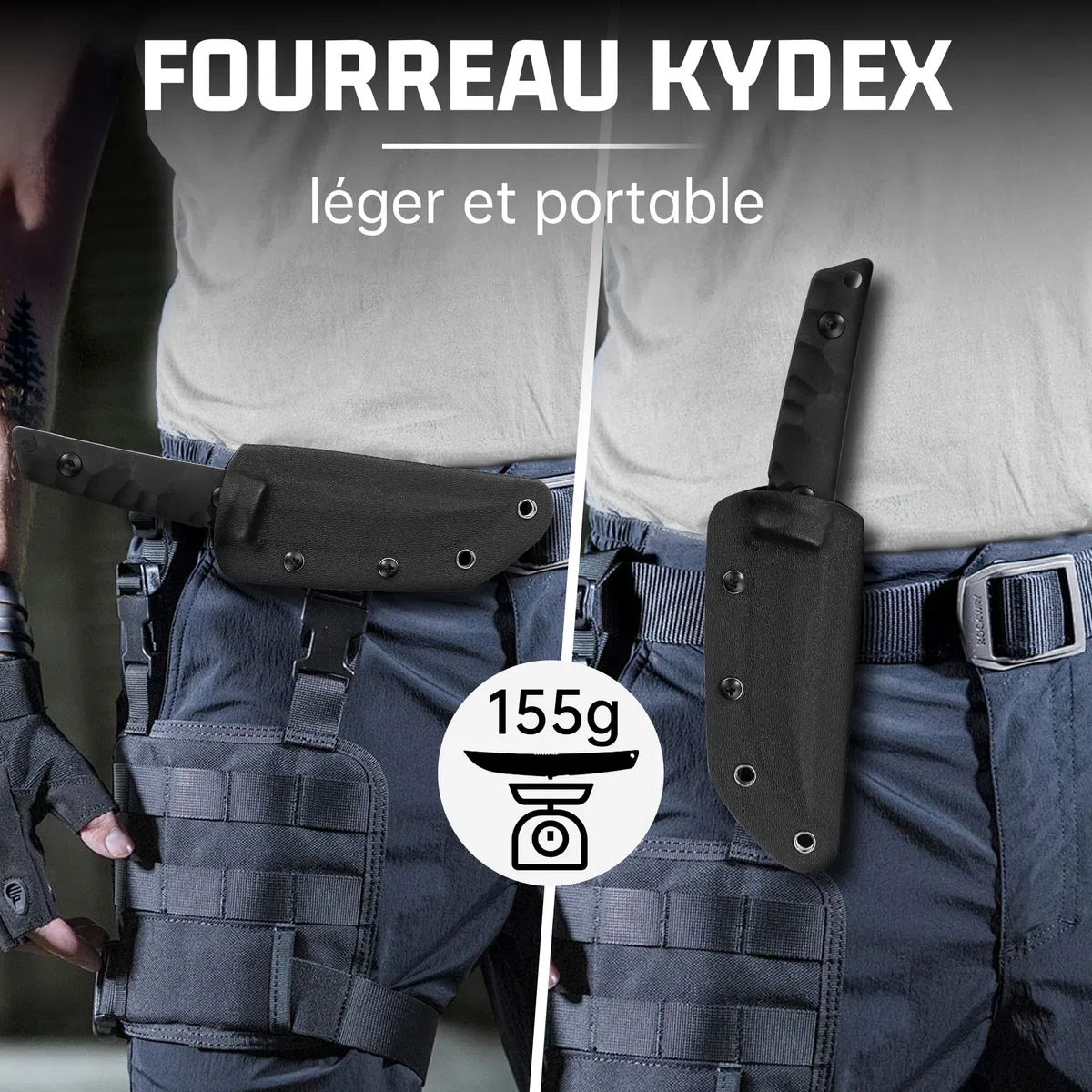 Plys Couteau de Survie D'ExtéRieur Full Tang, Lame 440c de 10,3 Cm, Manche en G10 Avec éTui Kydex, Adapté au Camping, à La RandonnéE, Cadeau Pour Homme