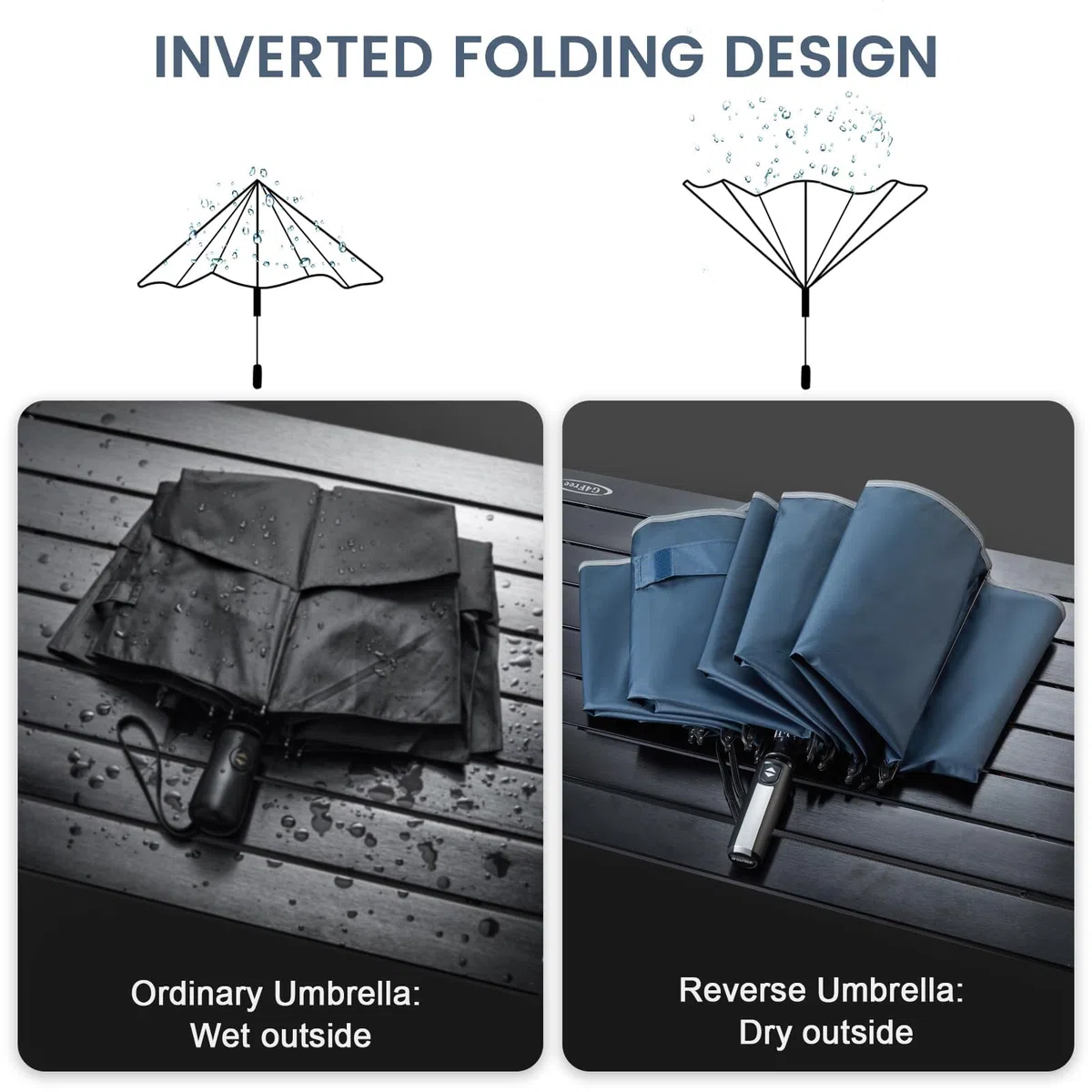 G4Free Parapluie pliable de 157,5 cm avec bande réfléchissante à 10 baleines, grand parapluie de golf de voyage, parapluie inversé, coupe-vent, double auvent à ouverture automatique