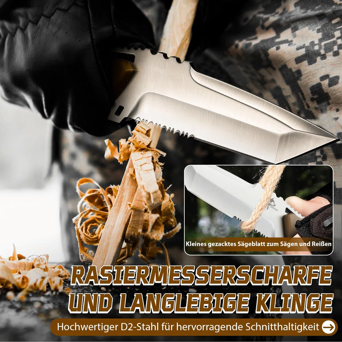 Purple Dragon Couteau de Plein Air (avec Gaine Kydex) - Lame Tanto Fixe Monobloc en Acier D2 - Couteau de Survie avec Manche G10 pour Camping, Cadeau pour Homme, Kaki