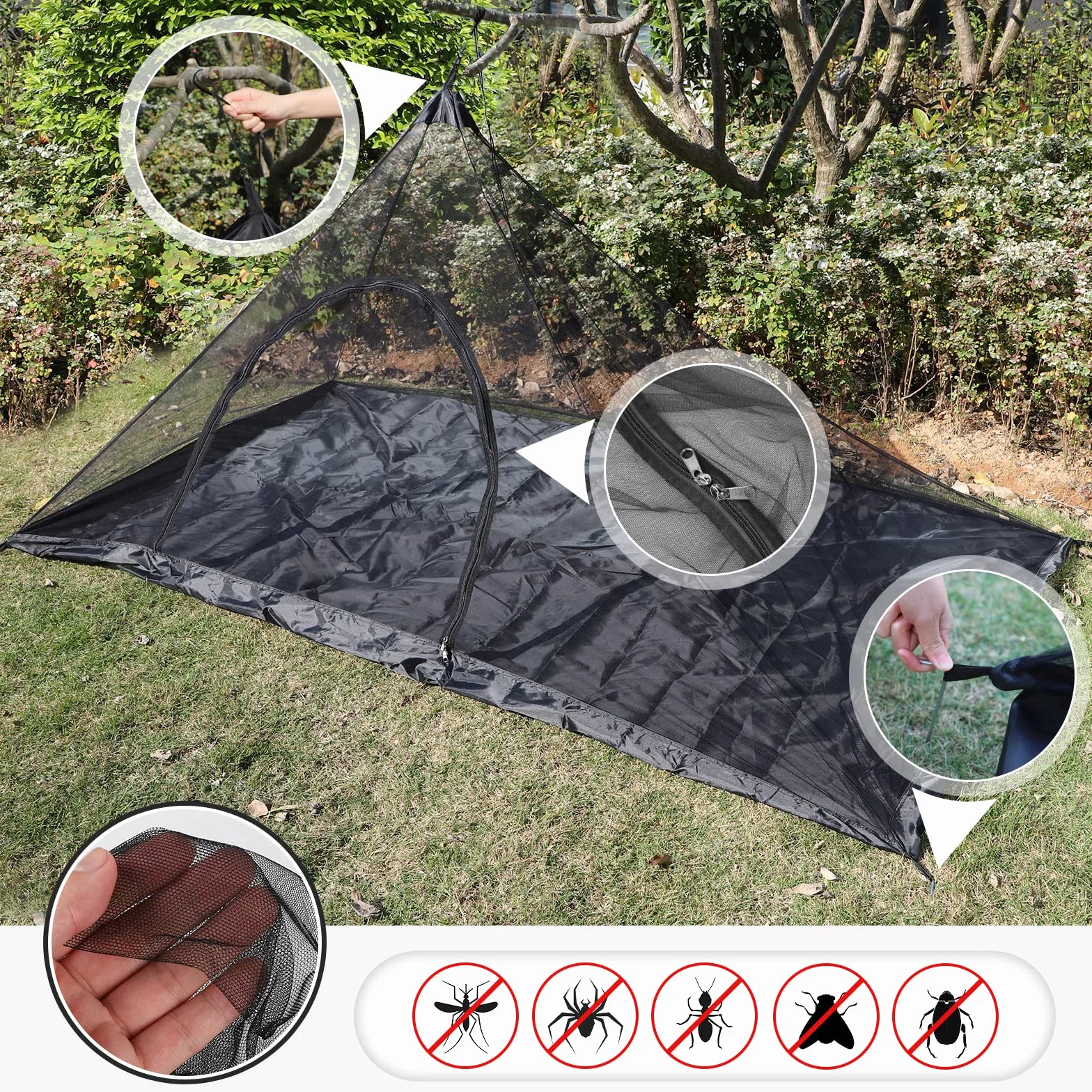 EFUTURETIME Moustiquaire Camping, 220 x 120 x 100cm, Voyage Léger Portable, Anti Moustique, Exterieur avec Porte Zippée pour Lit de Camping, Randonnée, Noir