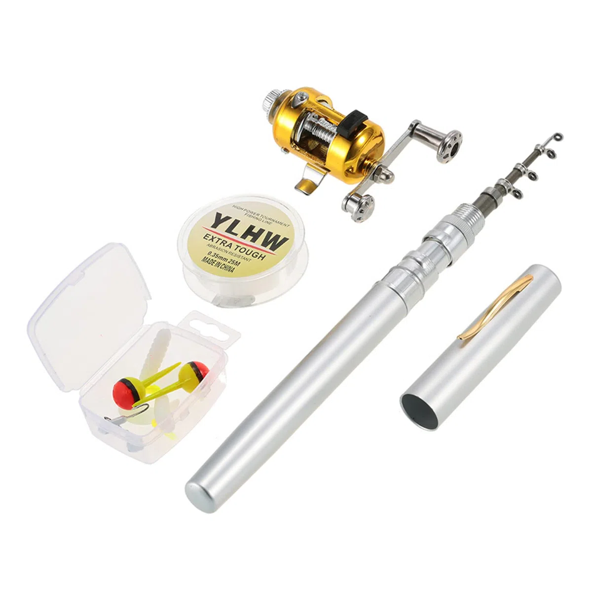 HUIOP Ensemble combiné de moulinet de canne à pêche Mini stylo de poche portable télescopique Canne à pêche et moulinet Ligne de pêche en alliage d'aluminium Leurres souples Appâts Jig Hooks,Fishing R