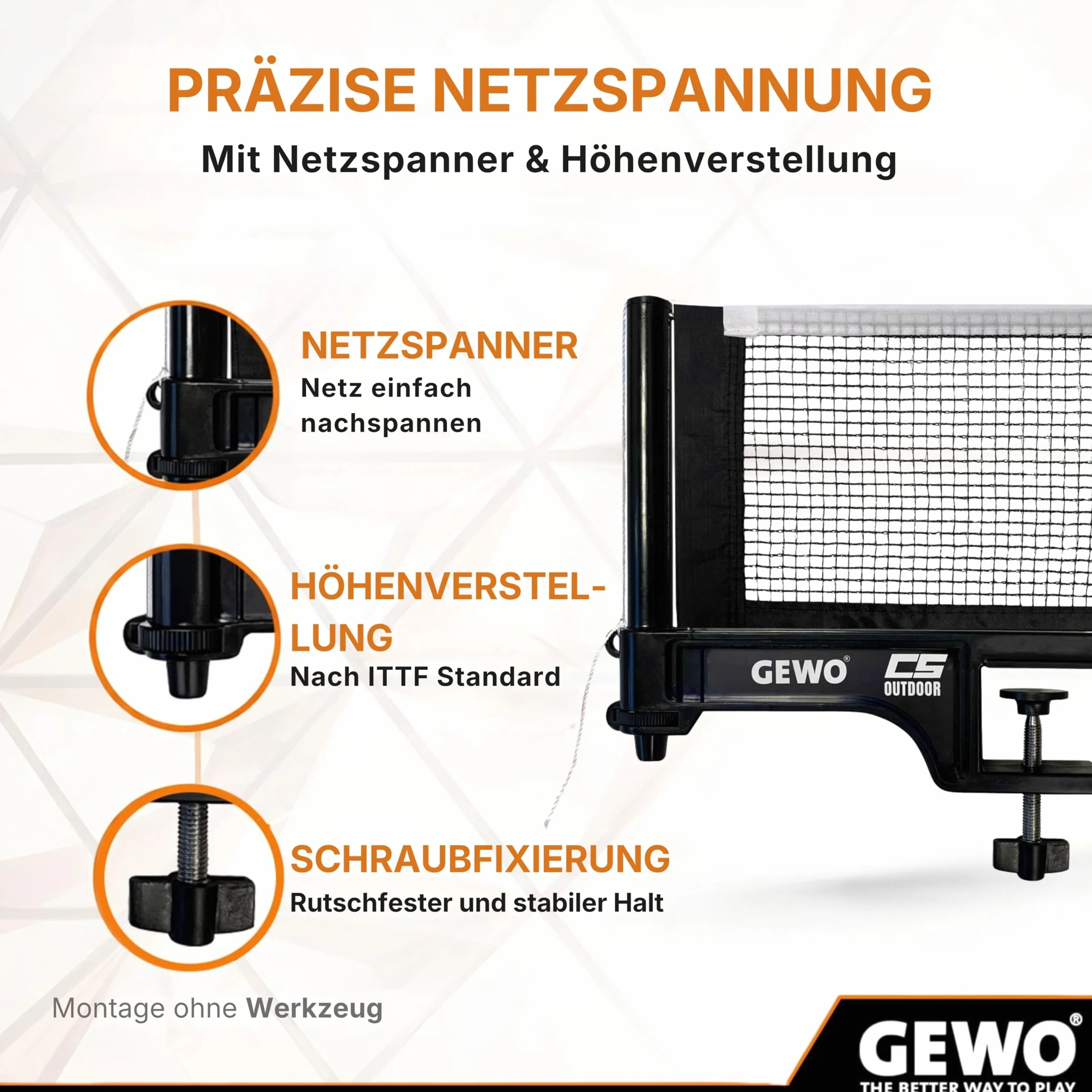GEWO CS Outdoor Filet de ping-Pong - Filet de Tennis de Table résistant aux intempéries pour l'extérieur - Supports de Filet Robustes et vis de réglage de la Hauteur Pratique - Montage Facile - Fil