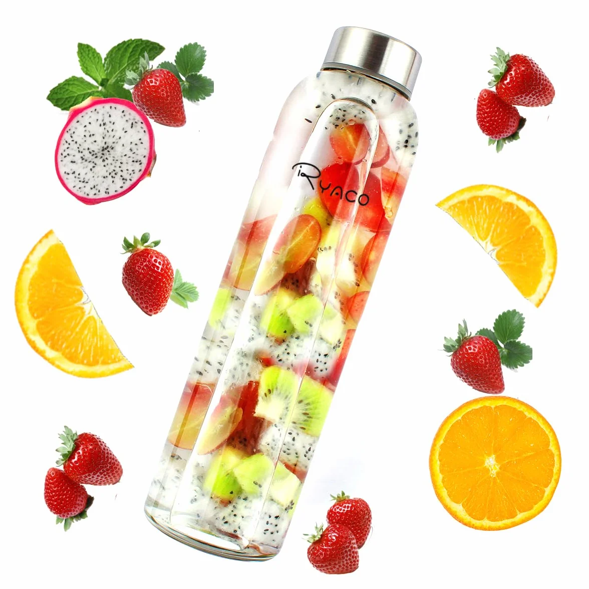 Ryaco Bouteille d'eau en verre de 1000ml/33oz sans BPA– Bouteille en borosilicate anti-fuite–Idéale pour maison, les voyages, le sport, le yoga, la gym, les boissons chaudes et froides avec