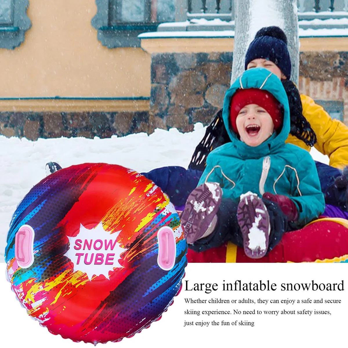Luge gonflable avec poignées, tube de luge coloré, snowboard gonflable lumineux avec poignée, design anti-basculement, 85 x 85 cm, pour plusieurs personnes et plaisir de luge d'hiver