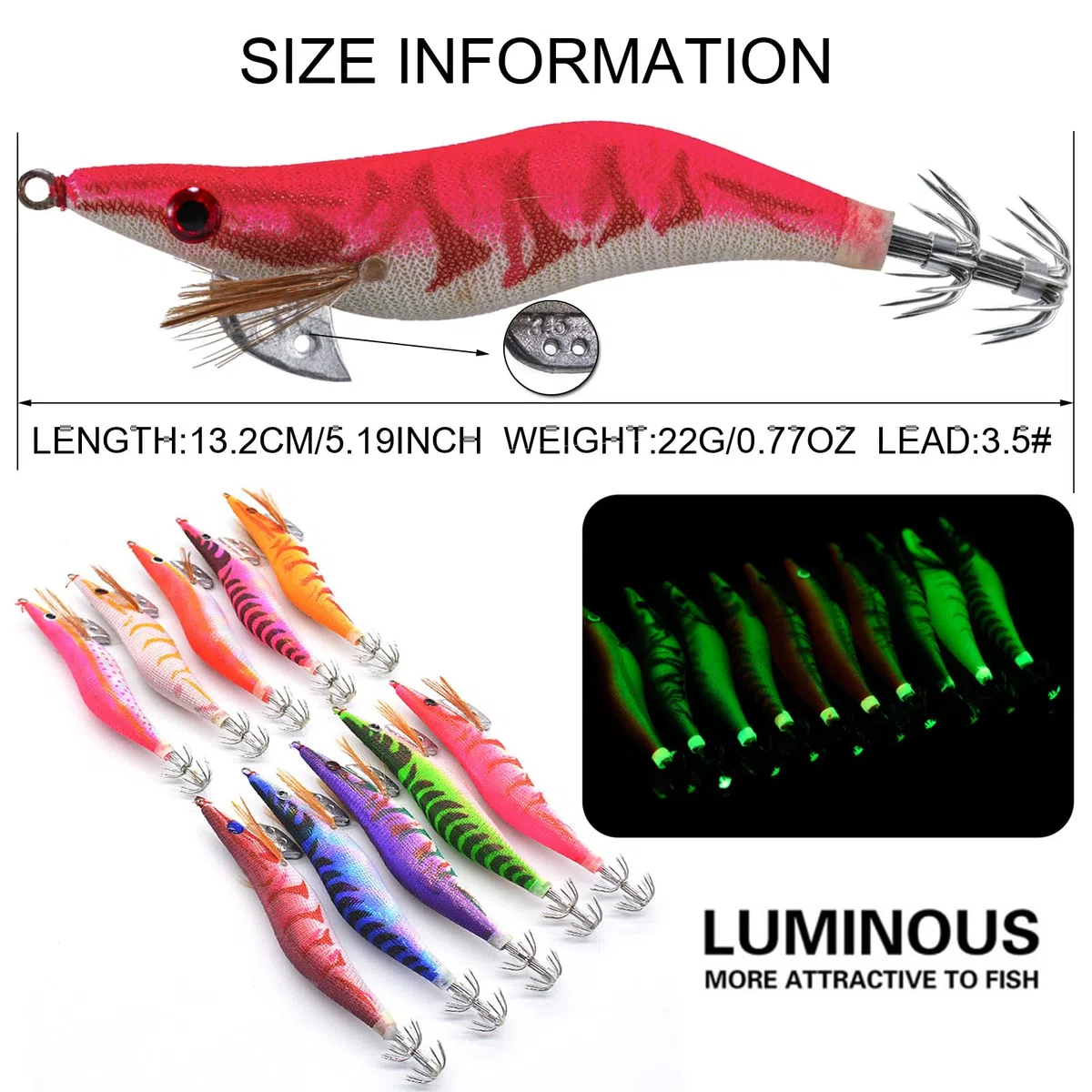 10 Pièces Lumineuse Turlutte Leurre Crevette Dur pour la Pêche des Seiches et Calamars 3.5#