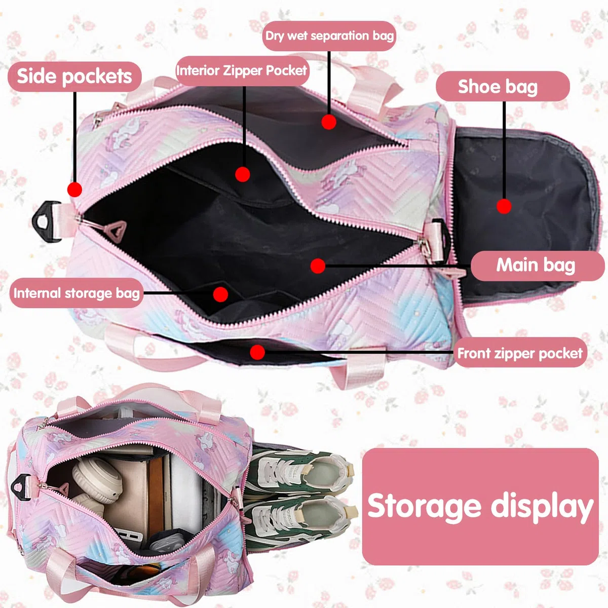 YOUYIKE Sac de Sport Fille, 25L Imperméable Sac de Voyage, Licorne Sac Weekend Enfant, Sac Voyage Cabine Avion, Travel Bag pour Gym Sport avec Compartiment à Chaussures et Poche Humide, Rose