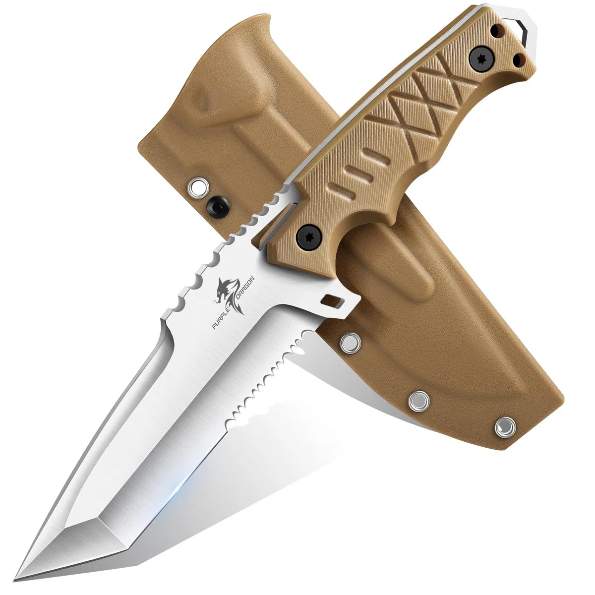 Purple Dragon Couteau de Plein Air (avec Gaine Kydex) - Lame Tanto Fixe Monobloc en Acier D2 - Couteau de Survie avec Manche G10 pour Camping, Cadeau pour Homme, Kaki