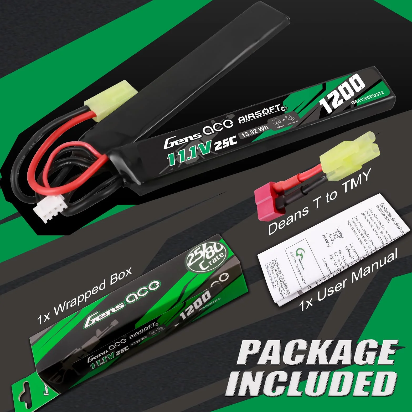 Gens ace 3s Batterie Lipo 11,1V 1200mAh 25C 3S1P 2X Nunchuck avec Connecteur Mini TMY, Compatible Répliques Airsoft AEG