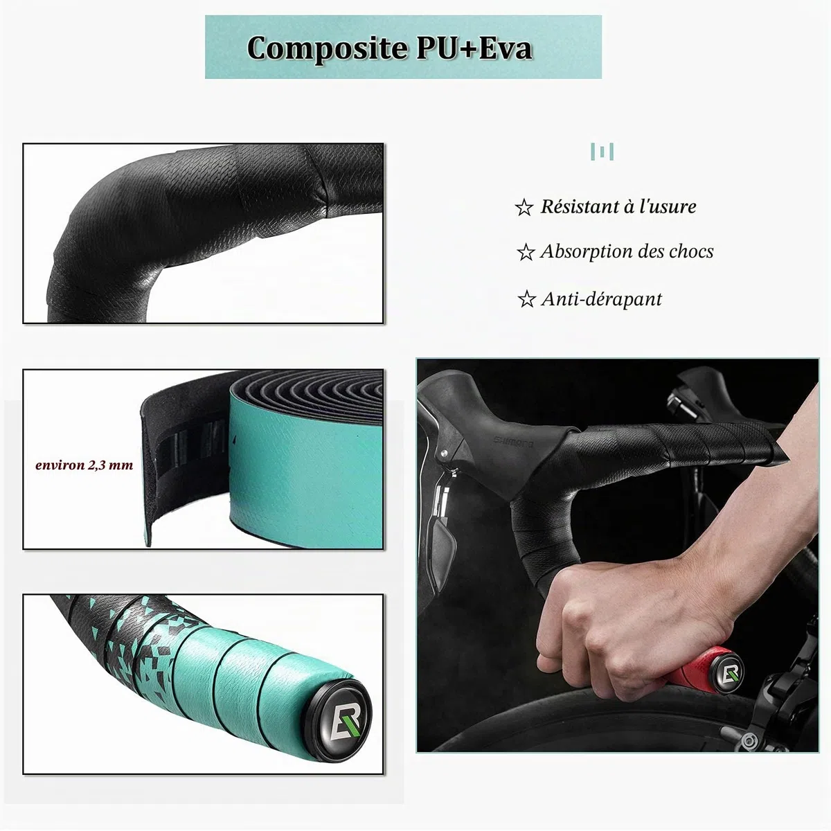 ROCKBROS Ruban pour Guidon, Guidoline de Vélo de Route, Poignées Antidérapant Anti-Choc en EVA Noir, Bande Adhésive avec 2 Bouchons, Blanc