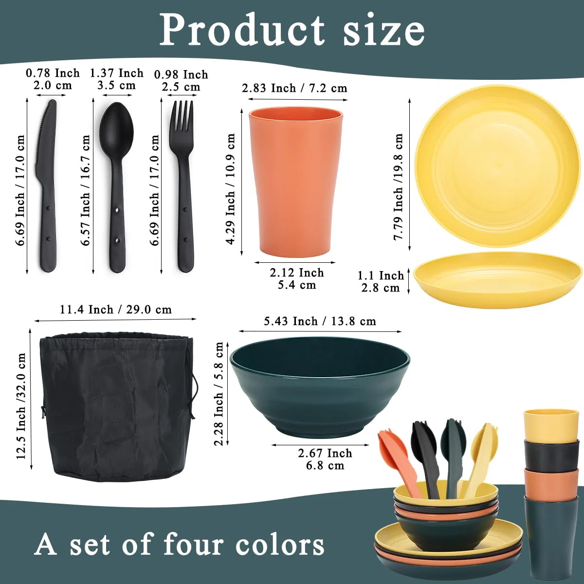 Ustensiles de camping pour 4 avec bol, assiette, tasse, cuillère, fourchette, couteau et sac de transport, accessoires de camping en plastique Équipement essentiel pour voyage, pique-