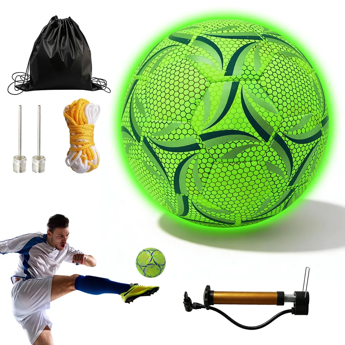 Ballon De Football Lumineux, Ballon De Football Réfléchissant,Taille 5, Ballon De Football En Fluorescence Avec Pompe,Sac De Rangement,Aiguilles De Gonflage,Sac En Filet Pour Entraînement,Jeux De Nuit