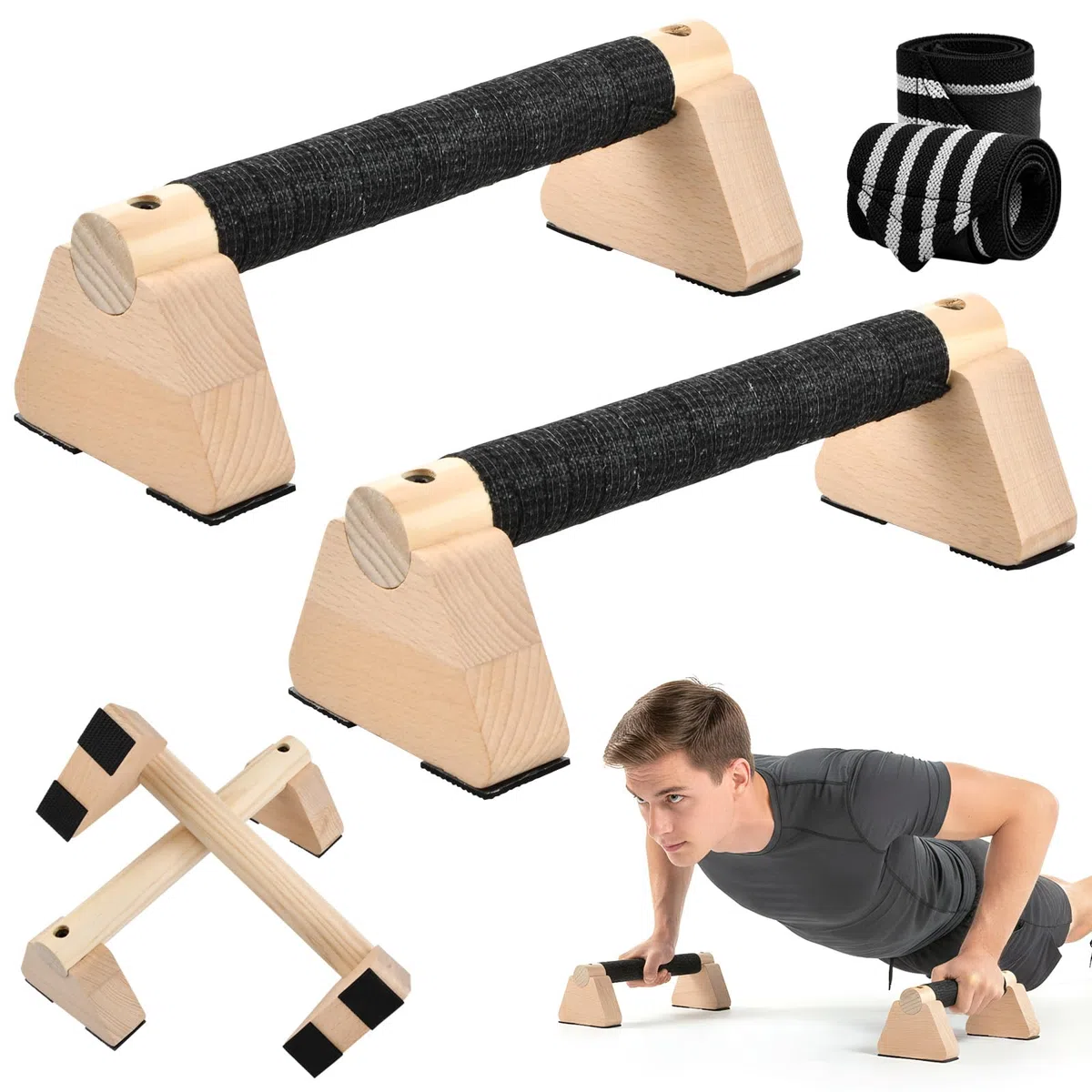 Parallettes, 2 Poignées de Pompes en Bois Antidérapantes, Barres Parallèles 25 cm avec Protège-Poignet, Barres Push up en Bois, Barre Parallèle Calisthenics pour Gymnastique, Fitness, Musculation