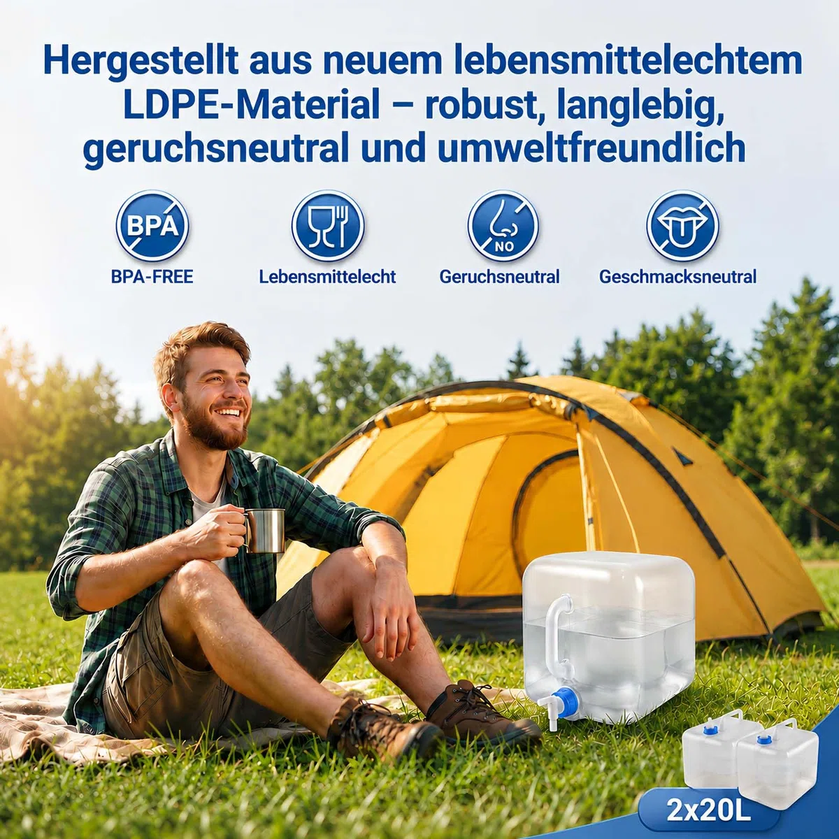 Lot de 2 Réservoirs d’Eau Pliables 20L avec Robinet & Poignée, Bidon d’Eau Potable sans BPA, Réservoir d’Eau Portable pour Camping, Urgence, Randonnée & Outdoor
