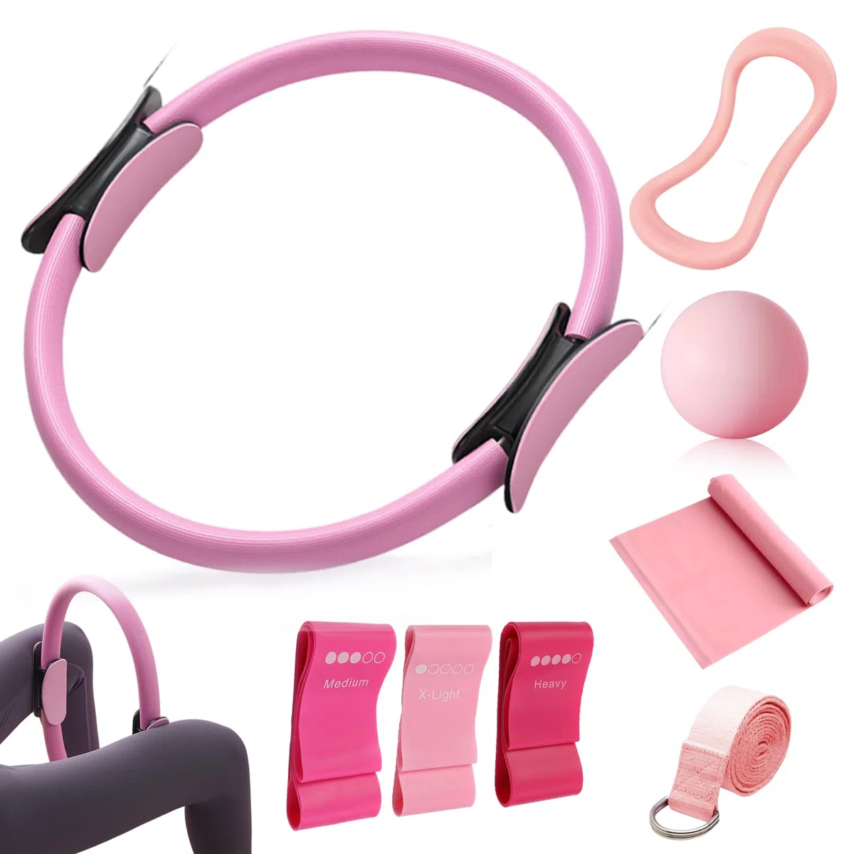 Kit Pilates Maison 8 Pcs Pilates Kit Pilates Accessoires Cercle Pilates, Yoga Ball, Resistance Bands, Pilate Ring, Yoga Band, Ceinture Auxiliaire pour La Force, La Flexibilité, La Stabilité