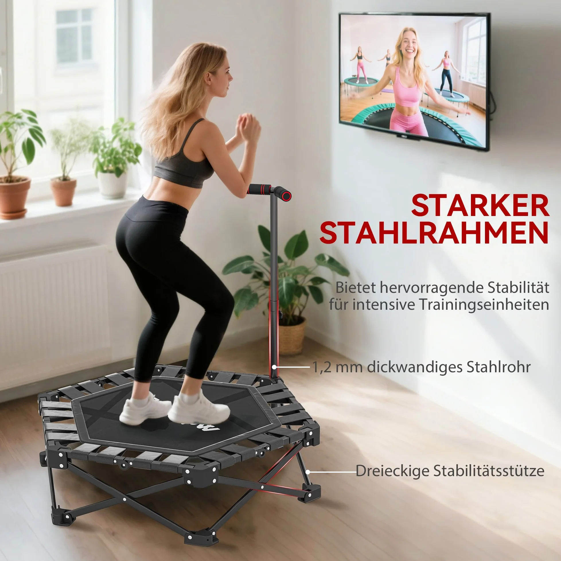 SPORTNOW Trampoline de fitness pliable - Ø104 cm - Mini trampoline avec mécanisme de pliage rapide - Poignée réglable en hauteur 3 positions - Sac de transport - Trampoline silencieux pour intérieur