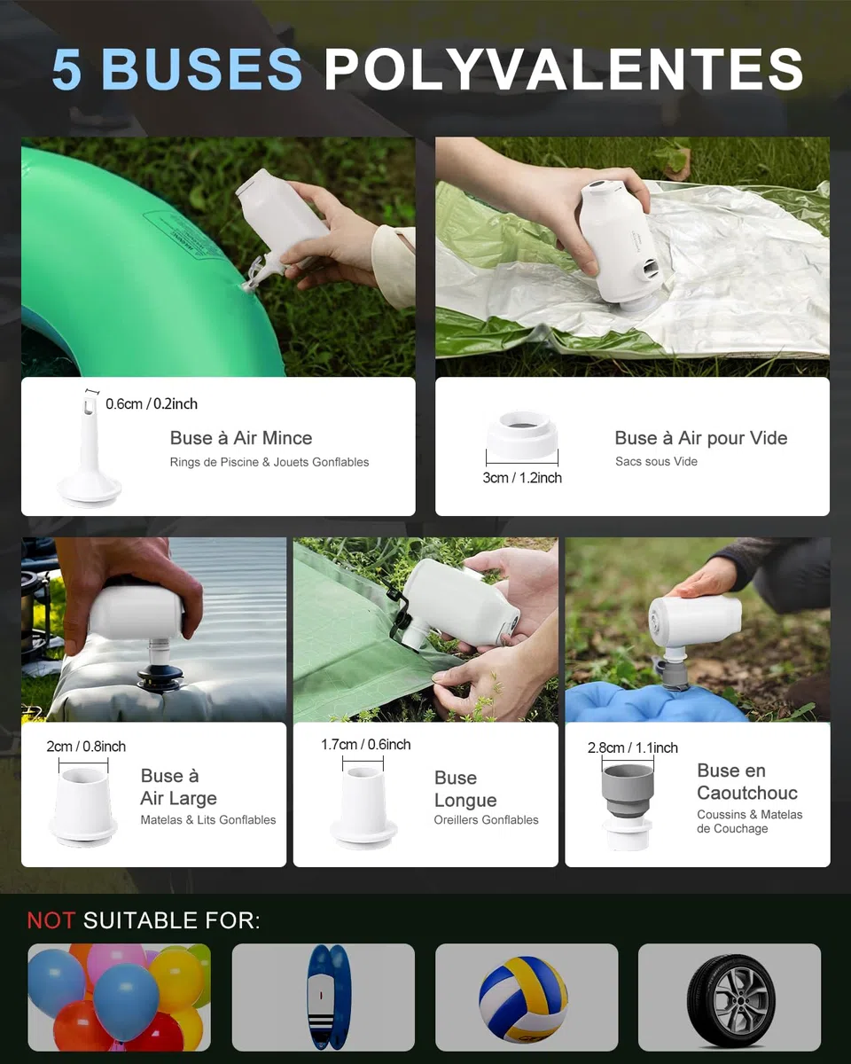 Pompe à Air Gonfleur Électrique avec Batterie pour Matelas Lits Gonflable, Sacs de Rangement sous Vide, 5 Buses & Lampe de Camping, Gonflage et Dégonflage Rapides, Portatif pour Bouée Piscine