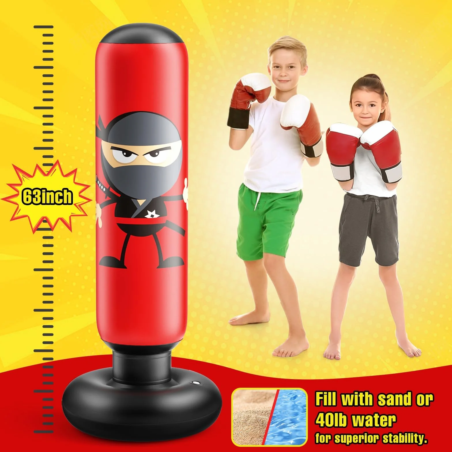 Punching Ball Enfants Sac de Boxe Gonflable Enfant 160cm avec Pompe à air Sac de Frappe Enfant sur Pied Sac de Frappe sur Pied pour Boxe, Kickboxing, Karaté et Soulagement du Stress.