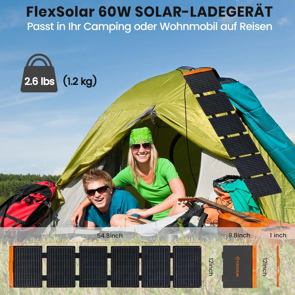 Lot de 2 panneaux solaires 60 W Flexsolar - Portable et pliable - IP67 - Étanche - Pour le camping - Convient pour les petits générateurs, téléphones, banques d'énergie mobiles