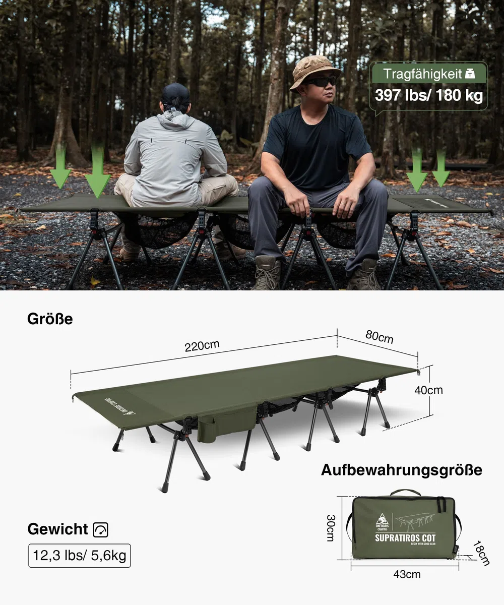 OneTigris SUPRATIROS Lit de camp pliable XXL portable et léger jusqu'à 180 kg pour tente, extérieur, voyage, jardin, bureau (220 x 80 cm)