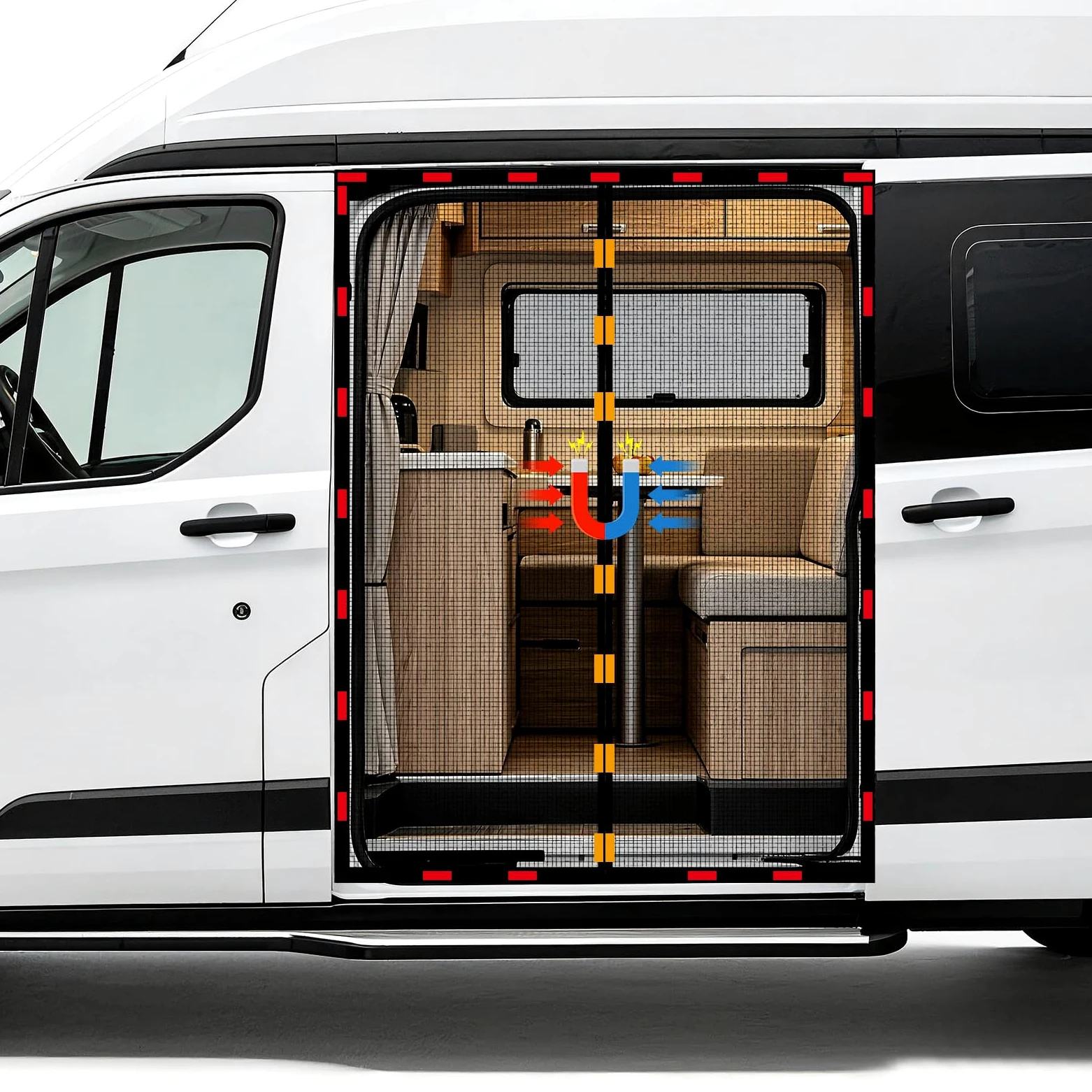 Moustiquaire Magnétique pour VW T5 T6 Porte Coulissante, Fermeture Magnétique Centrale pour Moustiquaire Camping Car, Filet d'ombrage de Porte Latérale Camping Protection Solaire