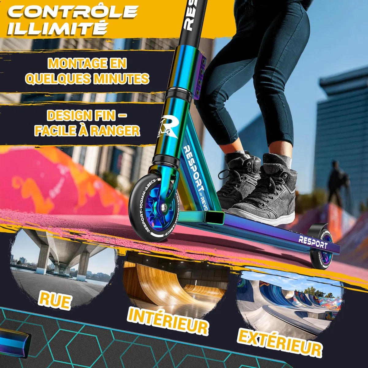 RE:SPORT Trottinette Stunt Revo pour enfants et adultes, avec support, 100 mm, roues en polyuréthane et barre en Y, roulement à billes ABEC 9, trottinette cascade, trottinette freestyle