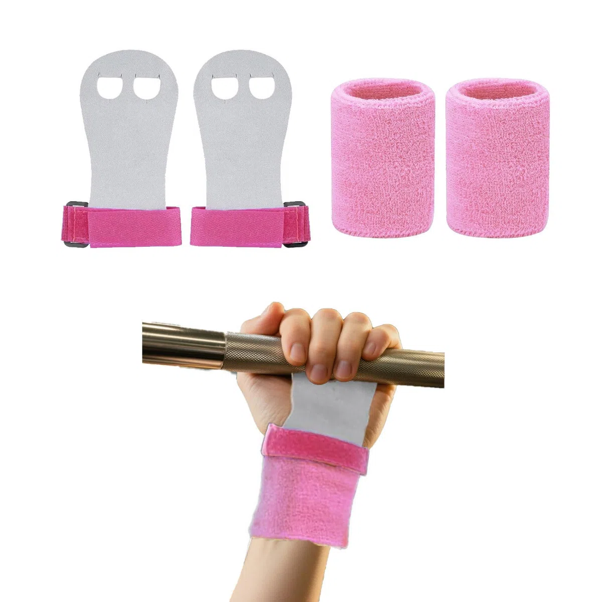 Lot de 2 poignées de barre de gymnastique antidérapantes pour filles, support de poignet avec bandeau absorbant rose, pour enfants, gym, tennis, entraînement, yoga, athlétisme.