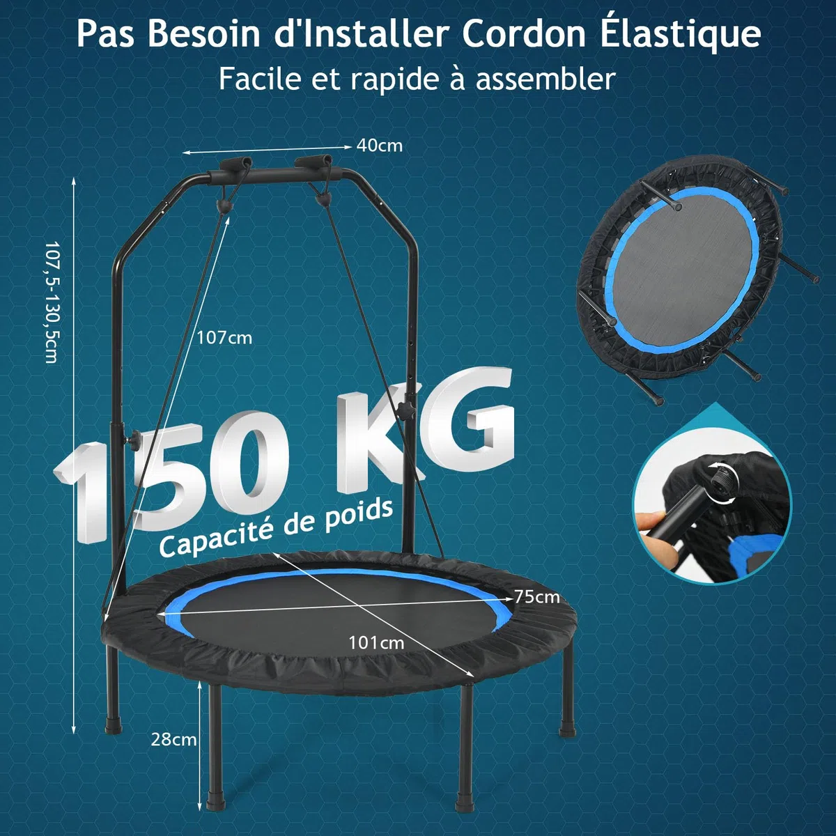 GYMAX Trampoline de Fitness φ101cm, pour Adultes & Enfants, Poignée en Mousses Réglable en Hauteur, Design Pliable, Toile de Bonne Résistance, Installation Facile