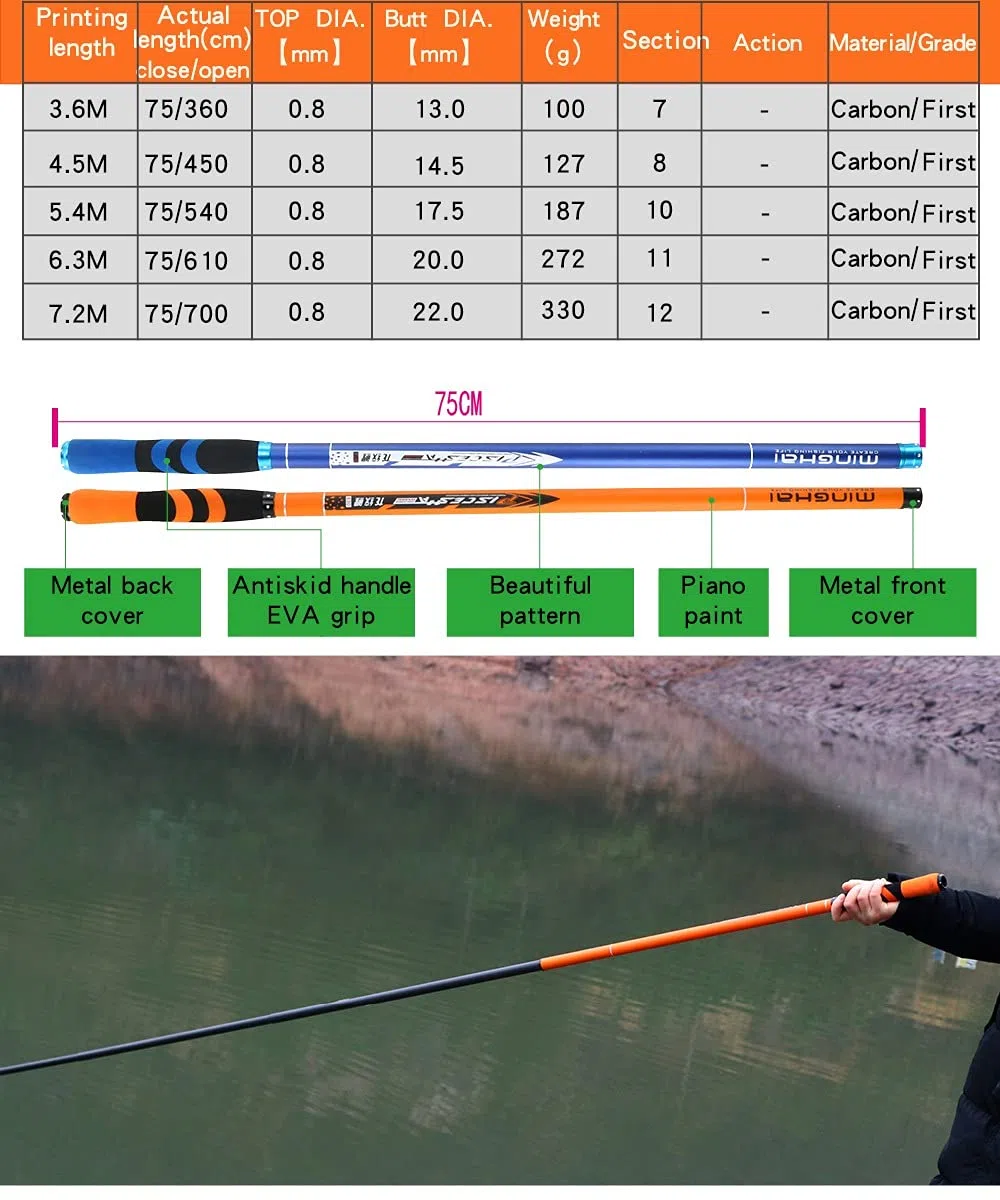 Canne A Peche Au Coup Tige de pêche télescopique de la Fibre de Carbone Polon-Carpe Ultralight Super Dur Travel 3.6/4.5/5.4/6.3/7.2m Cannes à PêChe à Main